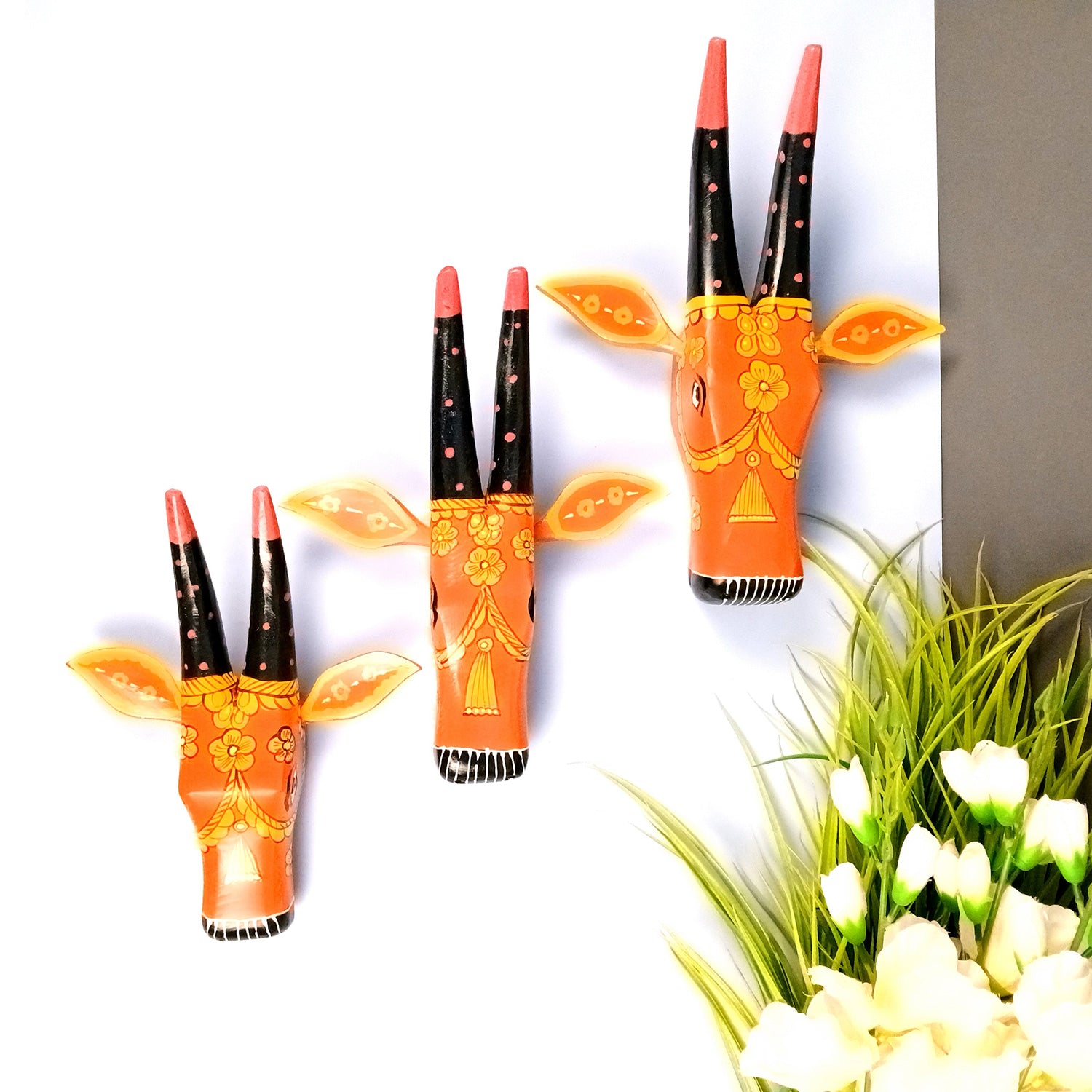 Wooden Cow Head Wall Hanging | Nandi Bull face Wall Decor - For Home, Living Room, Entrance, Puja Room & Gifts - 12 Inch (Pack of 3) - Apkamart #Colour_Red