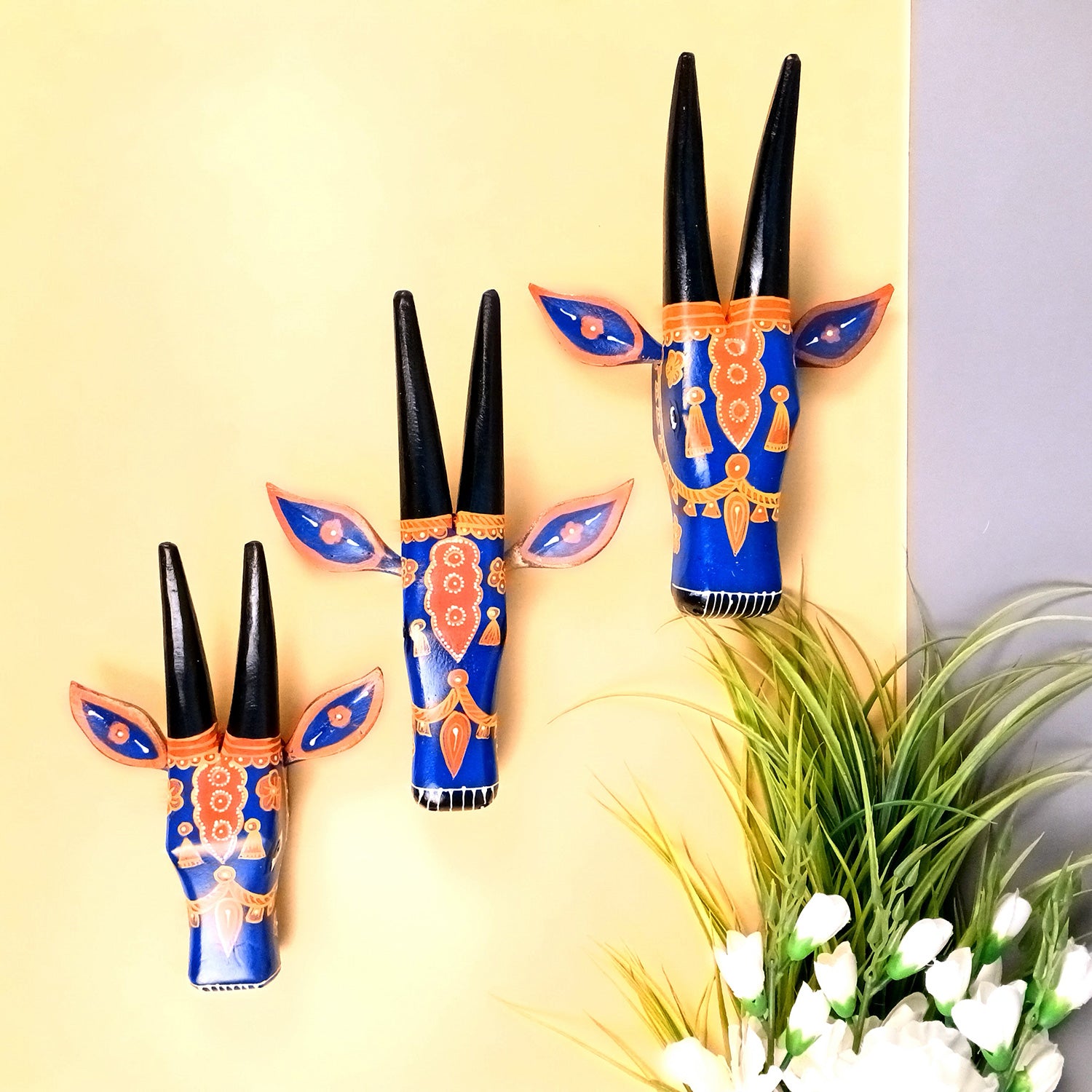 Wooden Cow Head Wall Hanging | Nandi Bull face Wall Decor - For Home, Living Room, Entrance, Puja Room & Gifts - 12 Inch (Pack of 3) - Apkamart #Colour_Blue