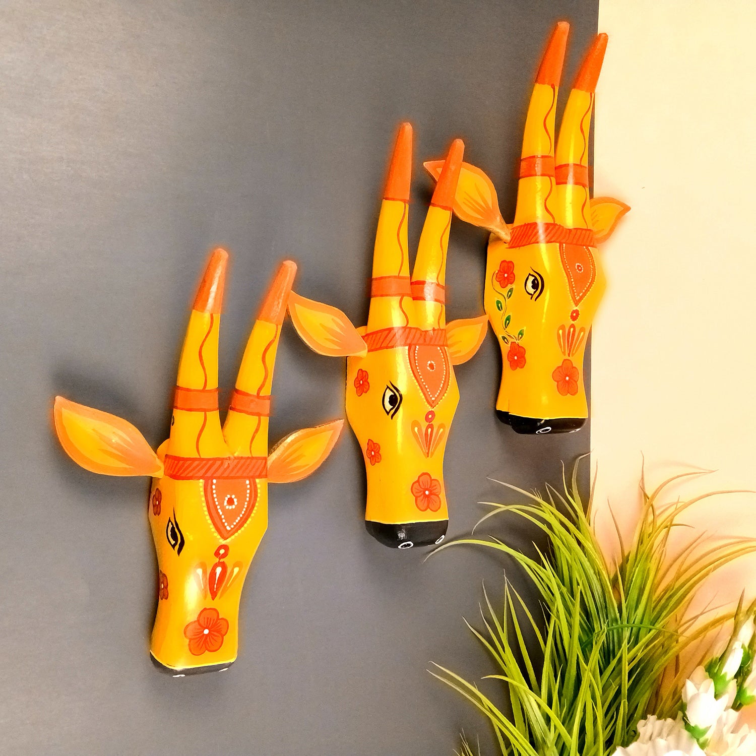 Wooden Cow Head Wall Hanging | Nandi Bull face Wall Decor - For Home, Living Room, Entrance, Puja Room & Gifts - 12 Inch (Pack of 3) - Apkamart #Colour_Yellow