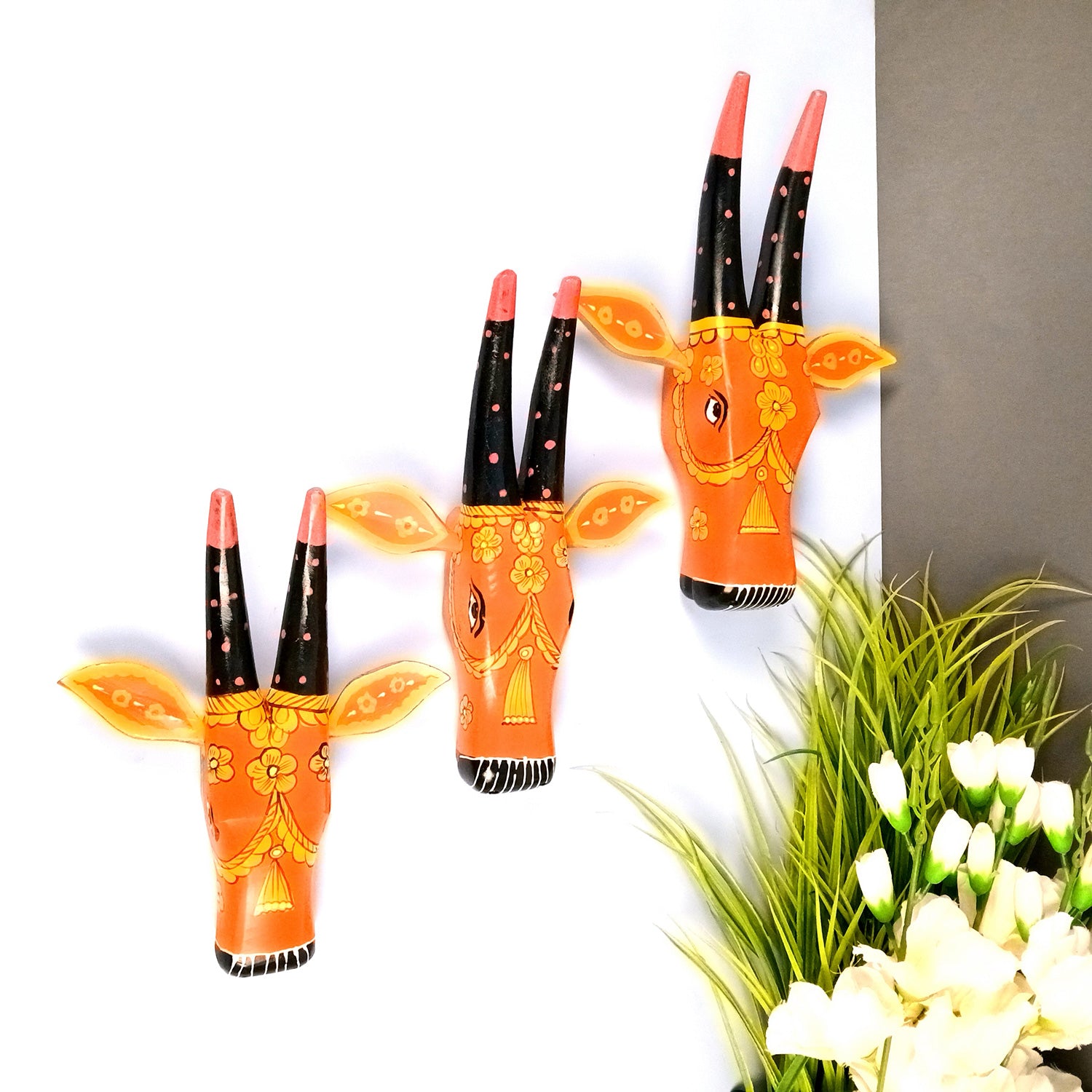 Wooden Cow Head Wall Hanging | Nandi Bull face Wall Decor - For Home, Living Room, Entrance, Puja Room & Gifts - 12 Inch (Pack of 3) - Apkamart #Colour_Red