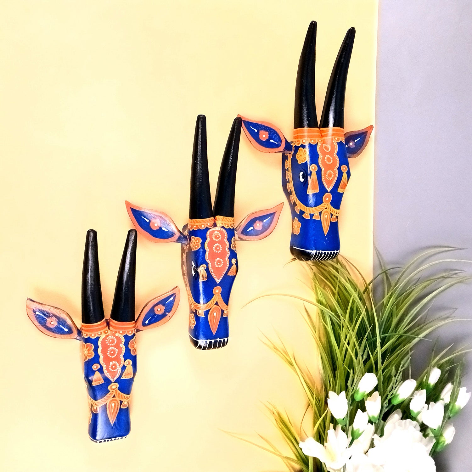 Wooden Cow Head Wall Hanging | Nandi Bull face Wall Decor - For Home, Living Room, Entrance, Puja Room & Gifts - 12 Inch (Pack of 3) - Apkamart #Colour_Blue