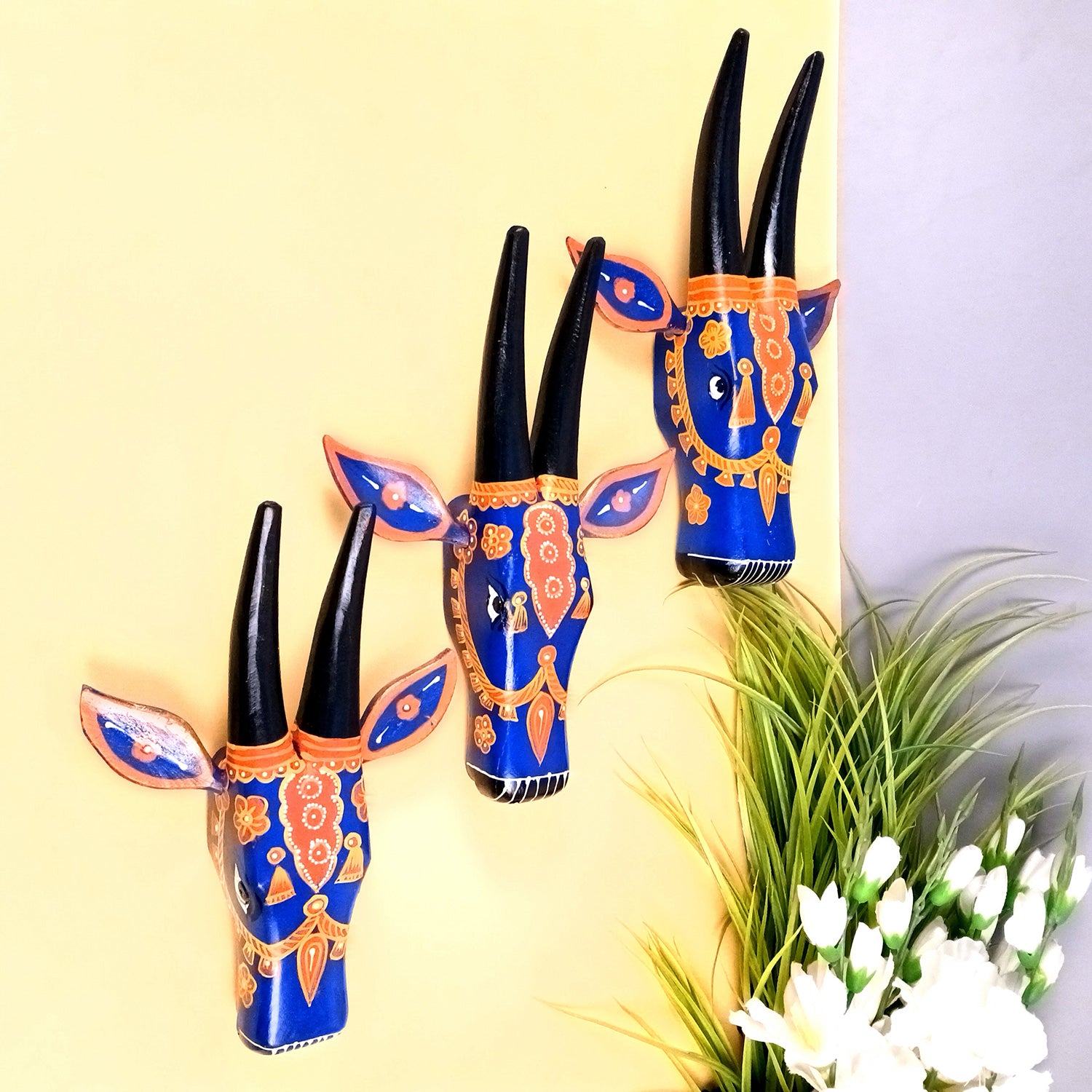 Wooden Cow Head Wall Hanging | Nandi Bull face Wall Decor - For Home, Living Room, Entrance, Puja Room & Gifts - 12 Inch (Pack of 3) - Apkamart #Colour_Blue