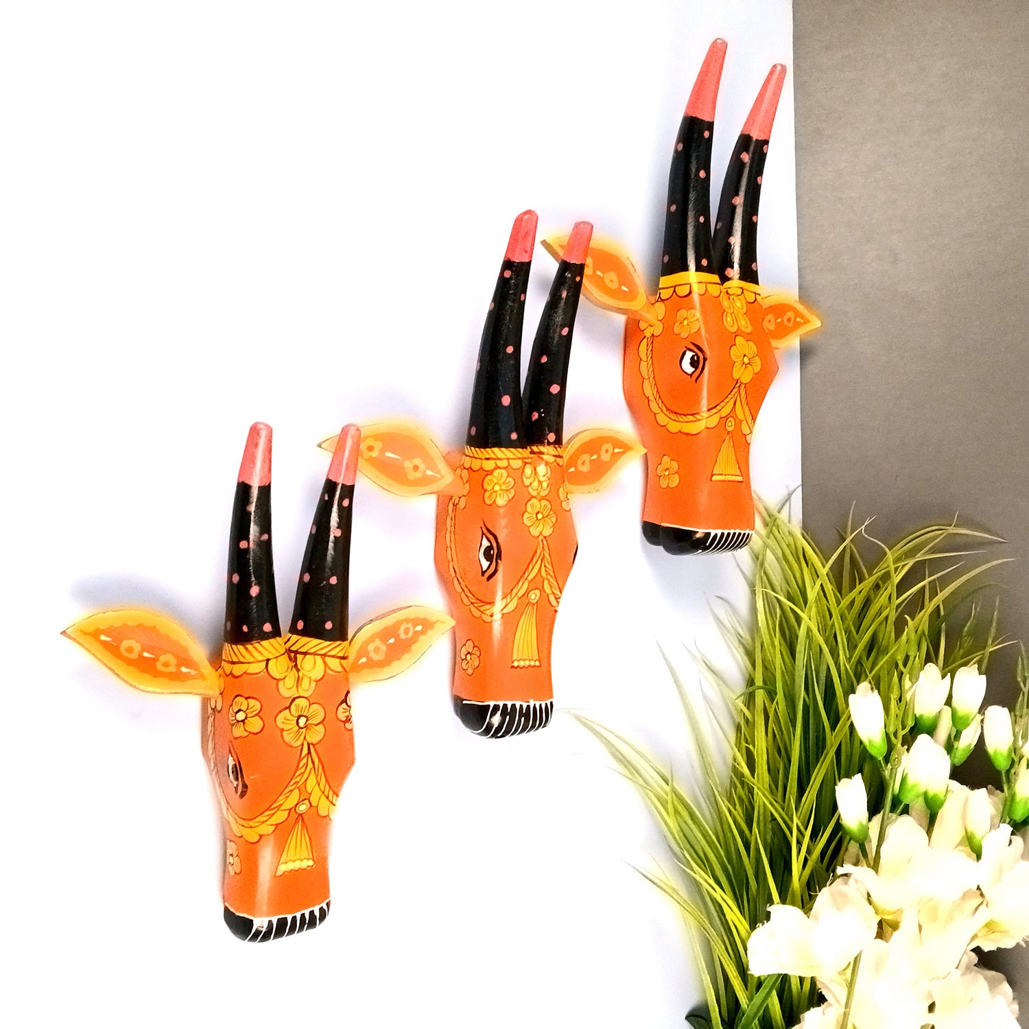 Wooden Cow Head Wall Hanging | Nandi Bull face Wall Decor - For Home, Living Room, Entrance, Puja Room & Gifts - 12 Inch (Pack of 3) - Apkamart #Colour_Red