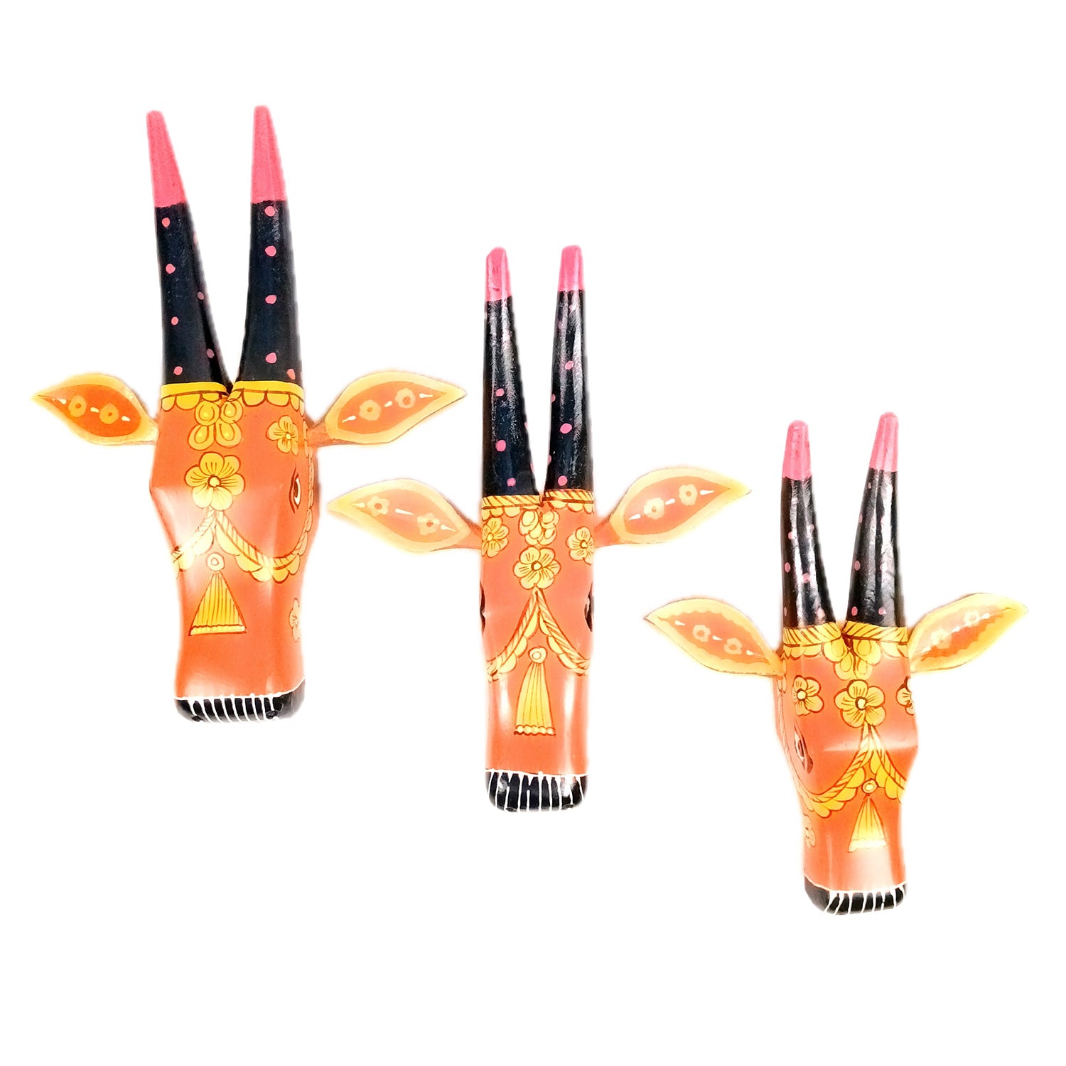 Wooden Cow Head Wall Hanging | Nandi Bull face Wall Decor - For Home, Living Room, Entrance, Puja Room & Gifts - 12 Inch (Pack of 3) - Apkamart #Colour_Red