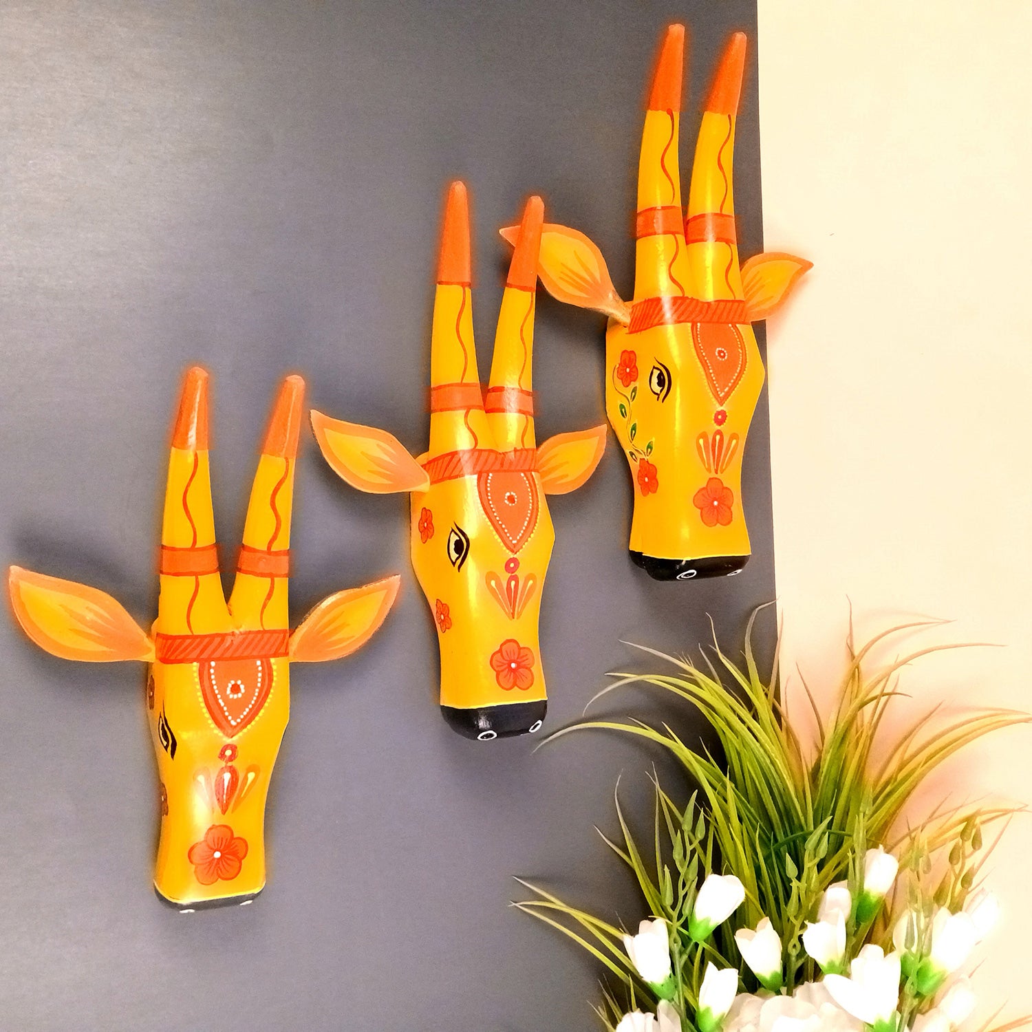 Wooden Cow Head Wall Hanging | Nandi Bull face Wall Decor - For Home, Living Room, Entrance, Puja Room & Gifts - 12 Inch (Pack of 3) - Apkamart #Colour_Yellow