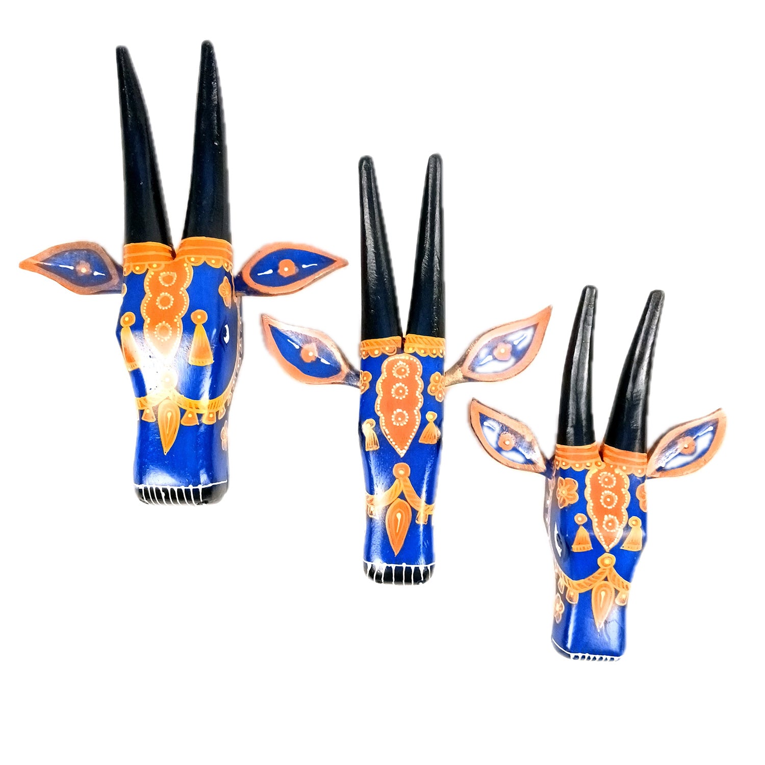 Wooden Cow Head Wall Hanging | Nandi Bull face Wall Decor - For Home, Living Room, Entrance, Puja Room & Gifts - 12 Inch (Pack of 3) - Apkamart #Colour_Blue