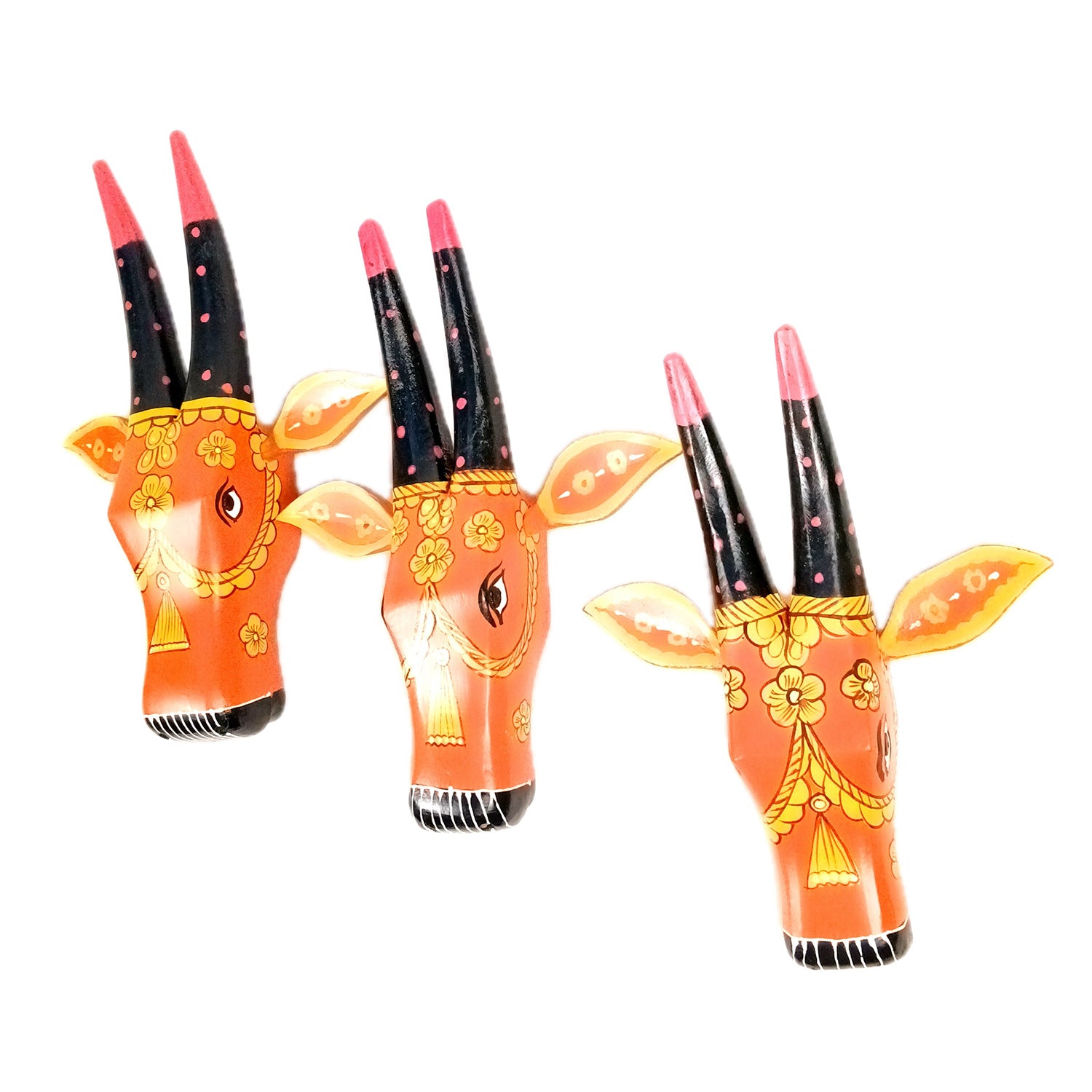 Wooden Cow Head Wall Hanging | Nandi Bull face Wall Decor - For Home, Living Room, Entrance, Puja Room & Gifts - 12 Inch (Pack of 3) - Apkamart #Colour_Red