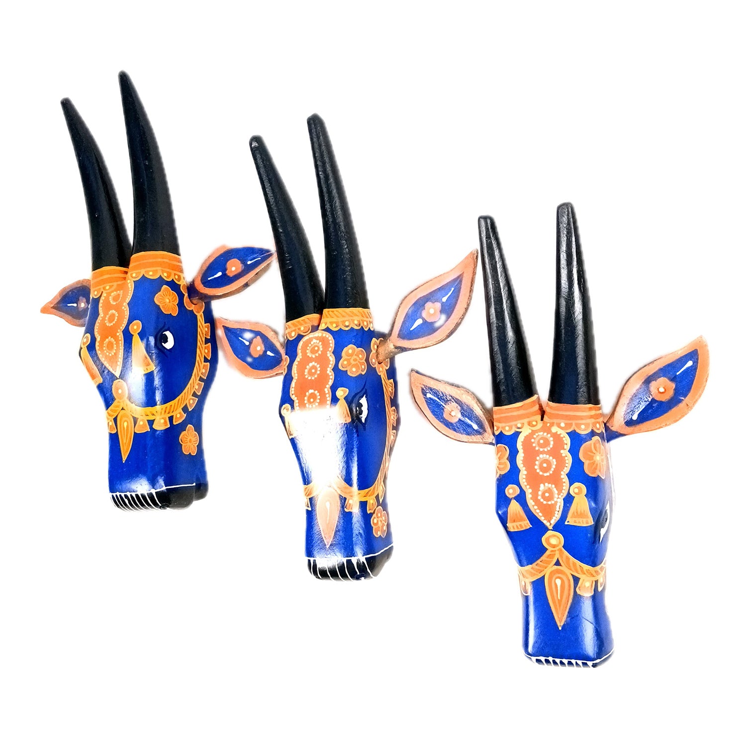 Wooden Cow Head Wall Hanging | Nandi Bull face Wall Decor - For Home, Living Room, Entrance, Puja Room & Gifts - 12 Inch (Pack of 3) - Apkamart #Colour_Blue