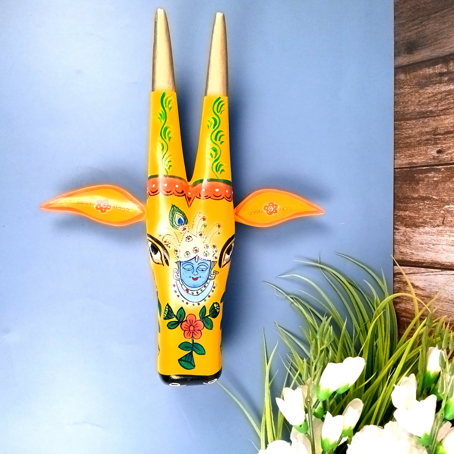 Wooden Cow Head Wall Hanging | Nandi Bull face With Detachable Ears Wall Decor - For Home, Living Room, Entrance, Puja Room & Gifts - 15 Inch - Apkamart #Style_Design 3