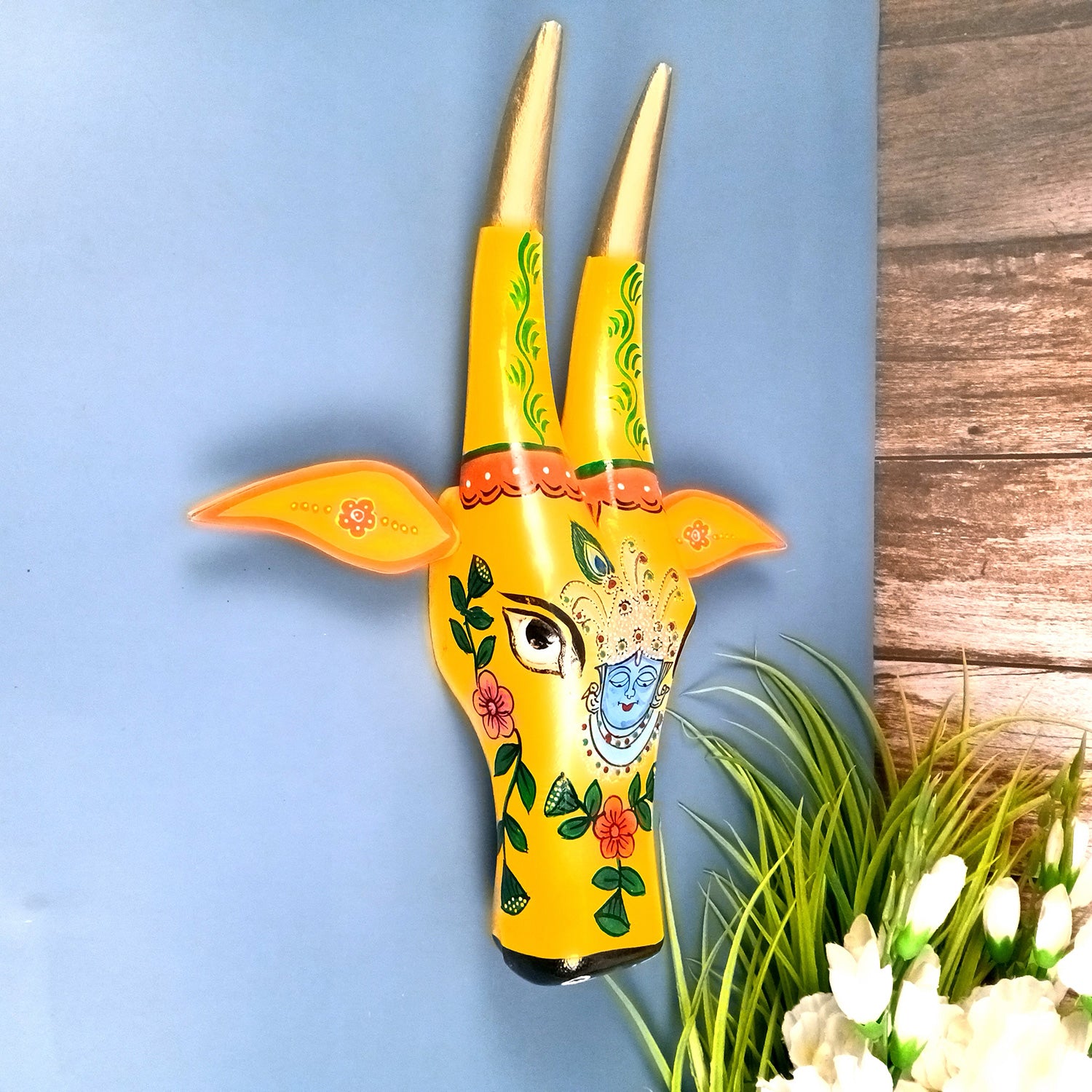 Wooden Cow Head Wall Hanging | Nandi Bull face With Detachable Ears Wall Decor - For Home, Living Room, Entrance, Puja Room & Gifts - 15 Inch - Apkamart #Style_Design 3