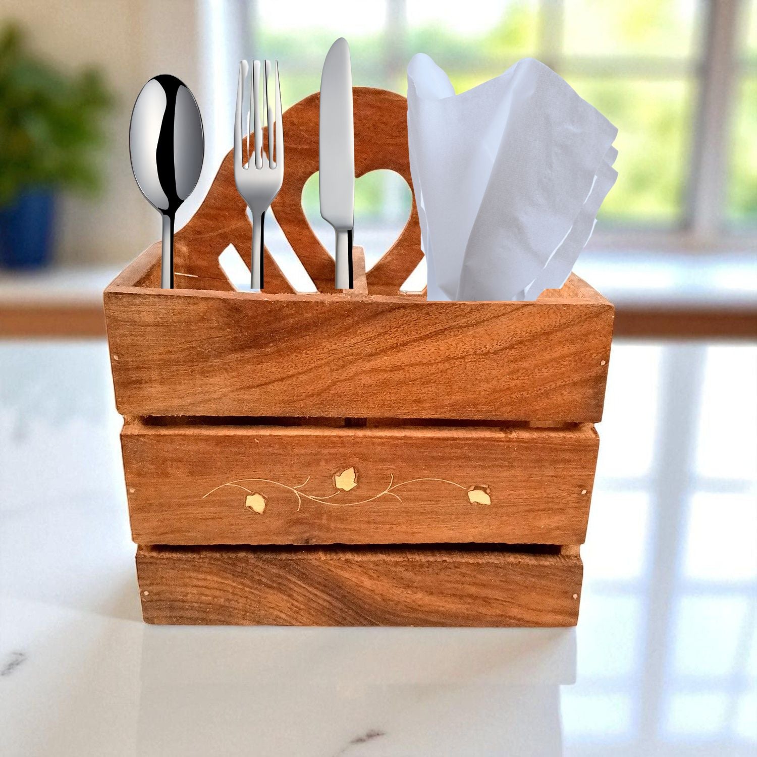 Wooden Cutlery Holder | Spoon Holder With 2 Section| Fork Organizer | Pen Stand - Multipurpose Holders - for Home, Dining Table, Utensil Holder for Kitchen Counter - 8 Inch - Apkamart