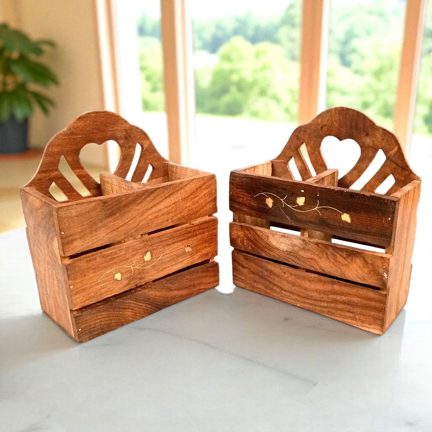 Wooden Cutlery Holder | Spoon Holder With 2 Section| Fork Organizer | Pen Stand - Multipurpose Holders - for Home, Dining Table, Utensil Holder for Kitchen Counter - 8 Inch (Pack Of 2) - Apkamart