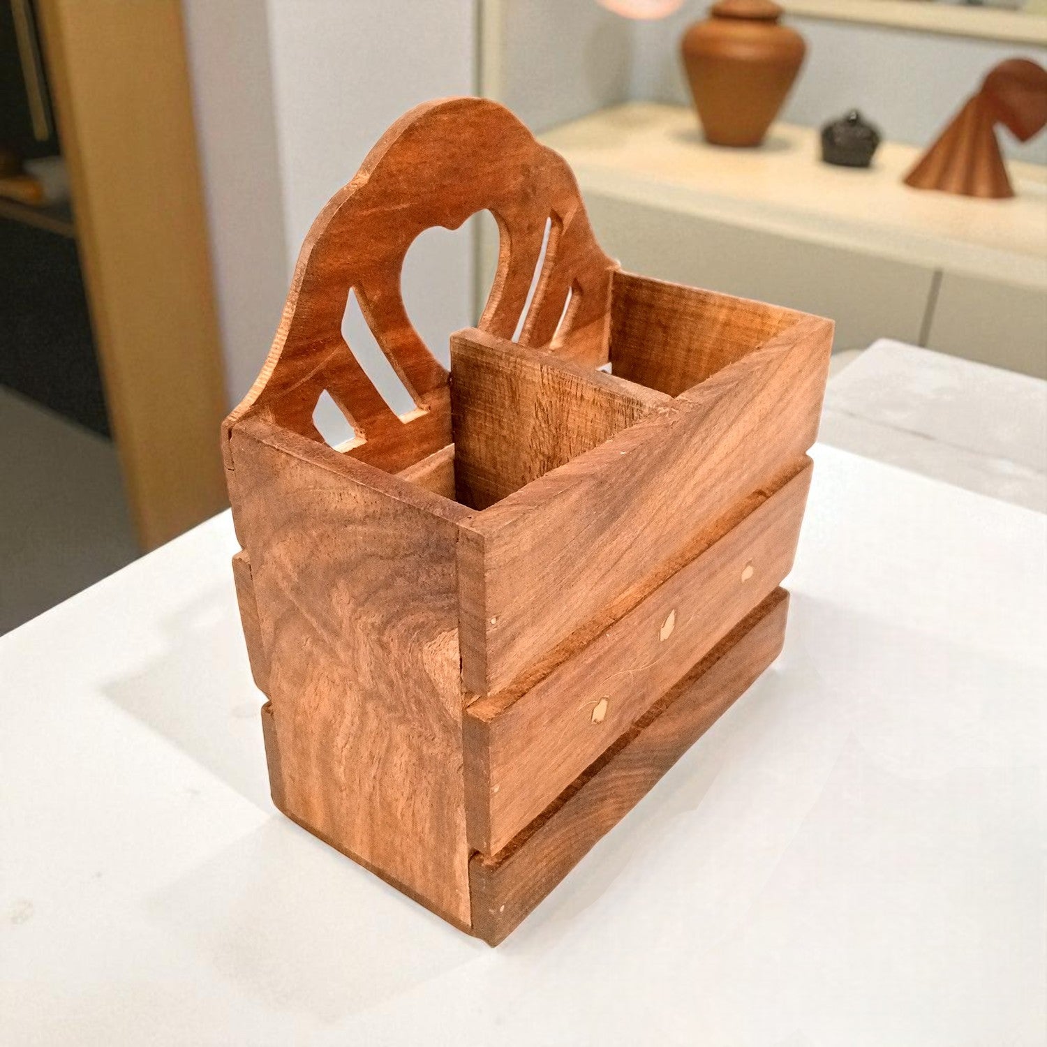 Wooden Cutlery Holder | Spoon Holder With 2 Section| Fork Organizer | Pen Stand - Multipurpose Holders - for Home, Dining Table, Utensil Holder for Kitchen Counter - 8 Inch - Apkamart