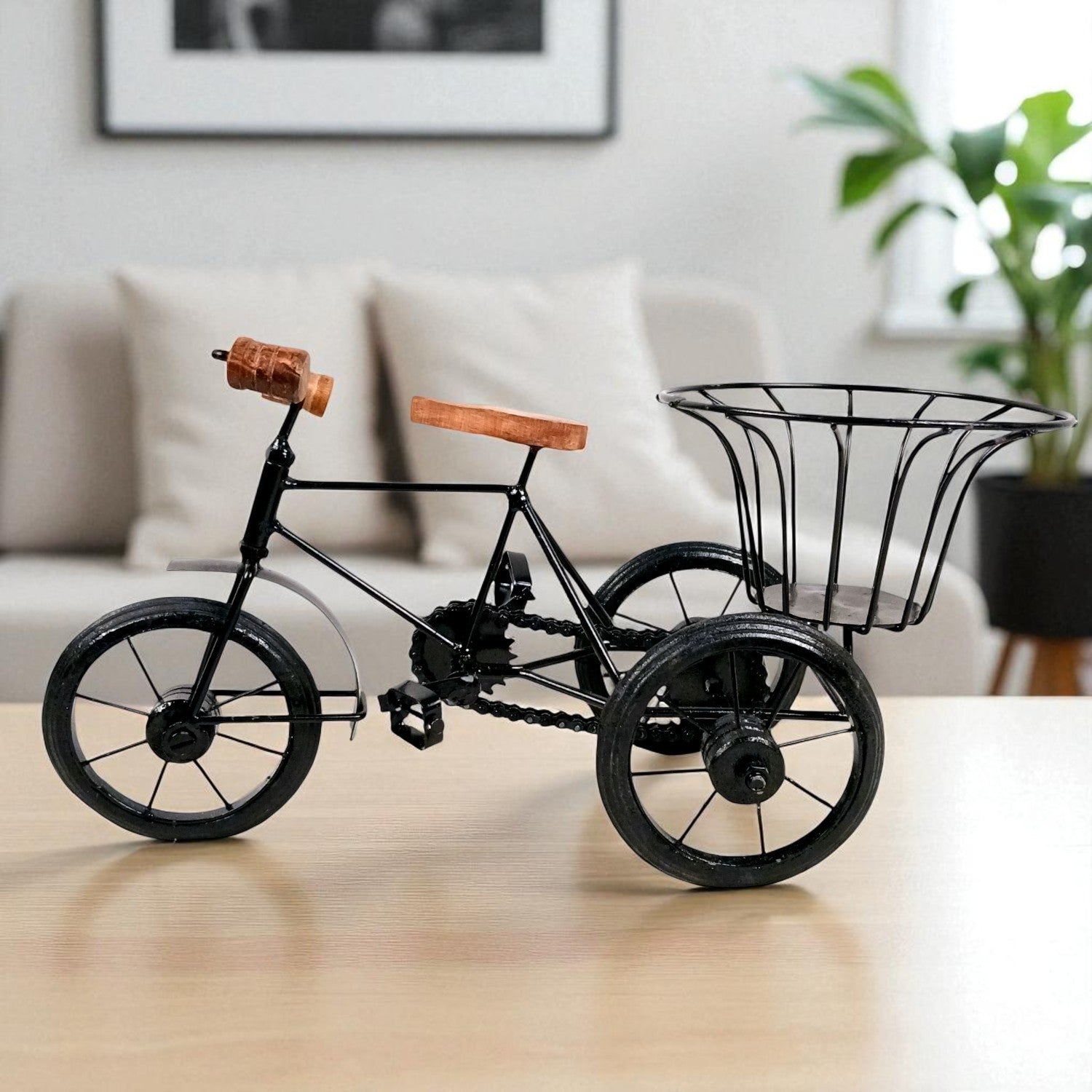 Cycle Showpiece | Antique Miniature Metal Rickshaw With Basket Showpiece - for Home Decor, Table Top, Office Desk, Living Room, Shelf & Gifts - 14 Inch - Apkamart
