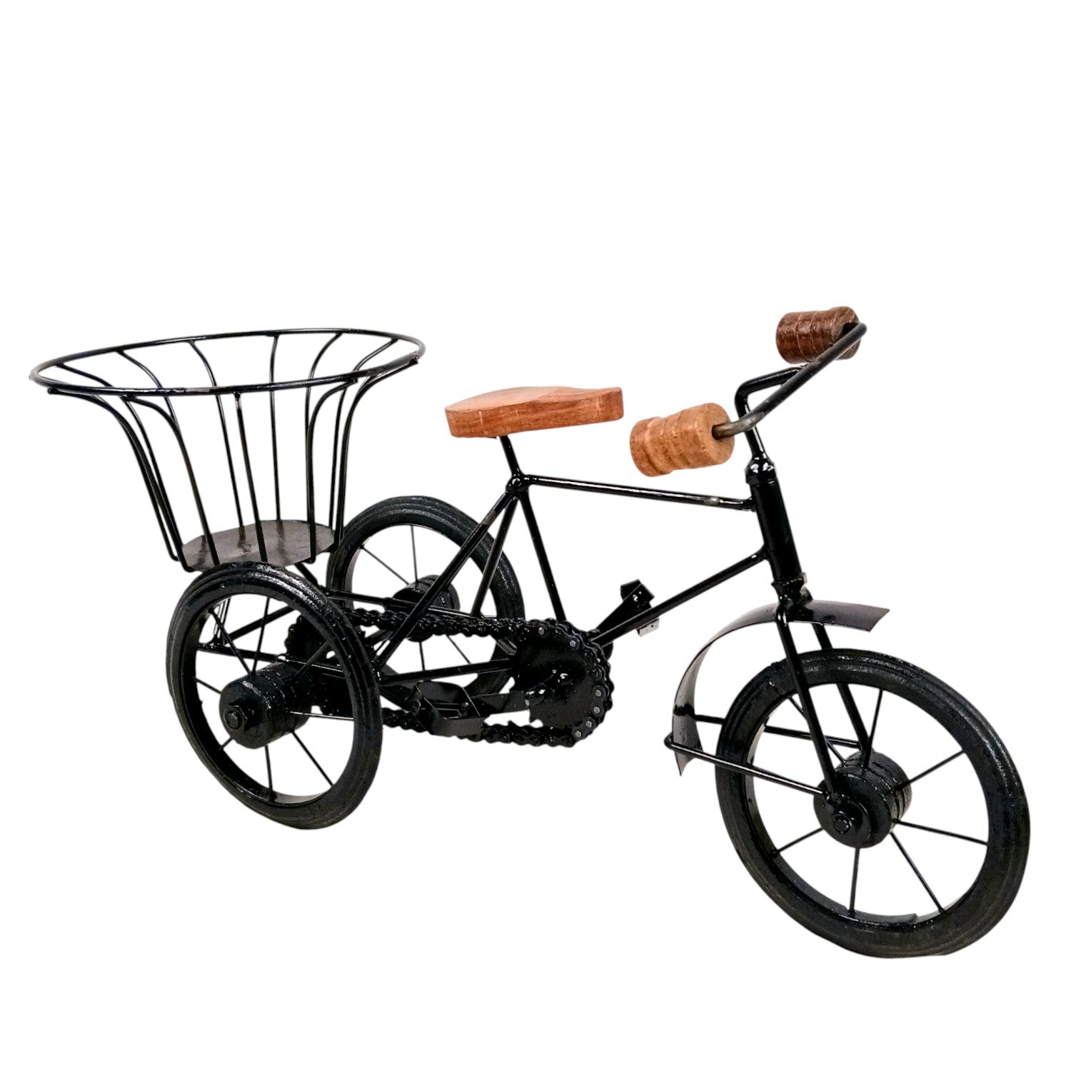 Cycle Showpiece | Antique Miniature Metal Rickshaw With Basket Showpiece - for Home Decor, Table Top, Office Desk, Living Room, Shelf & Gifts - 14 Inch - Apkamart