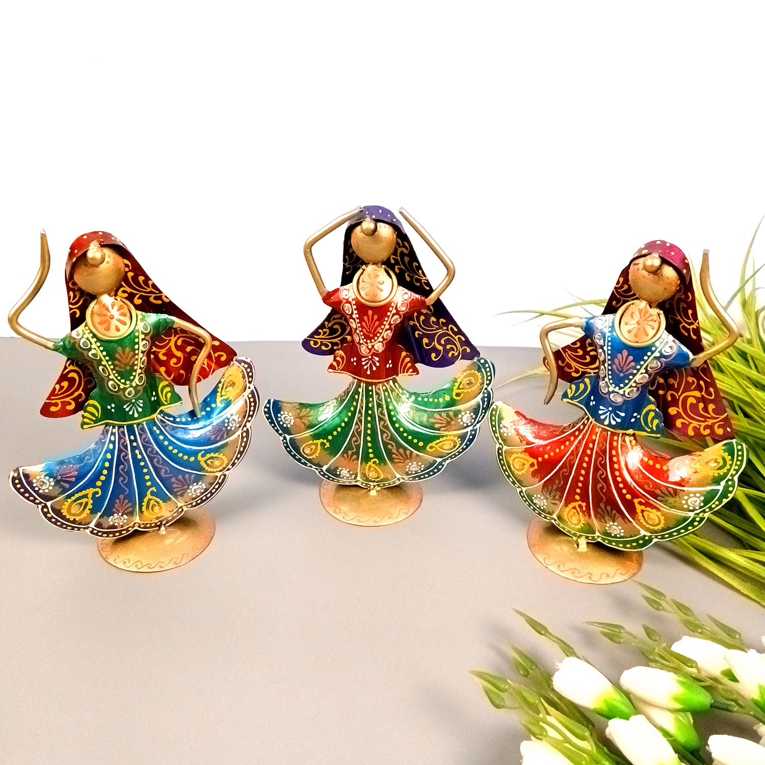 Dancing Lady Figurines Set of 3 | Handcrafted Metal Dolls - for Home, Table Decor, Living room & Gifts - 9 Inch (Pack of 3) - Apkamart #Style_Design 1