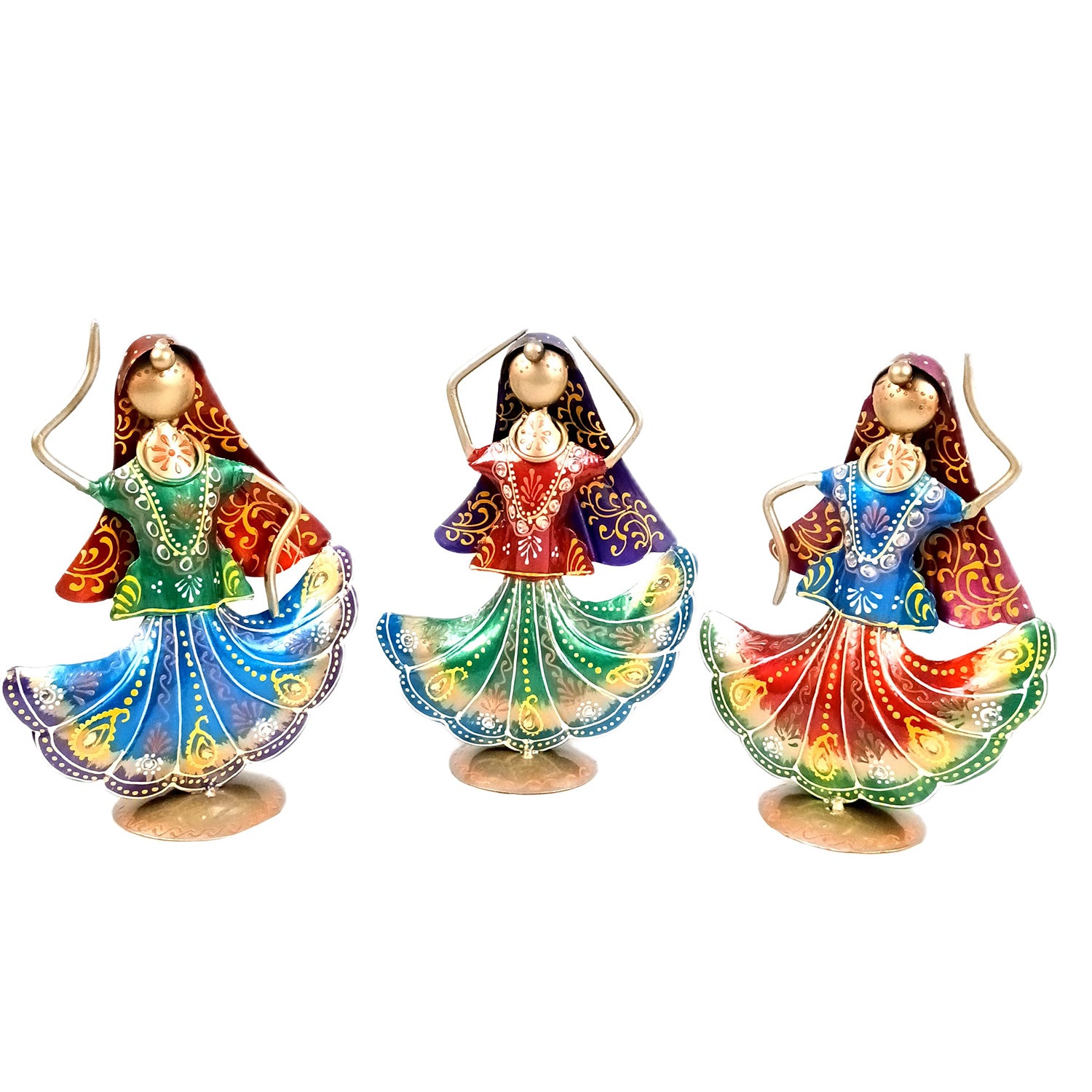 Dancing Lady Figurines Set of 3 | Handcrafted Metal Dolls - for Home, Table Decor, Living room & Gifts - 9 Inch (Pack of 3) - Apkamart #Style_Design 1
