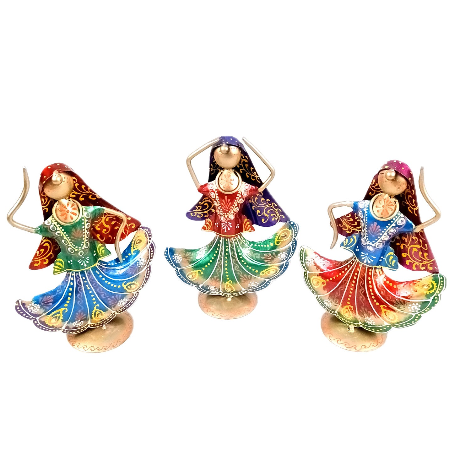 Dancing Lady Figurines Set of 3 | Handcrafted Metal Dolls - for Home, Table Decor, Living room & Gifts - 9 Inch (Pack of 3) - Apkamart #Style_Design 1