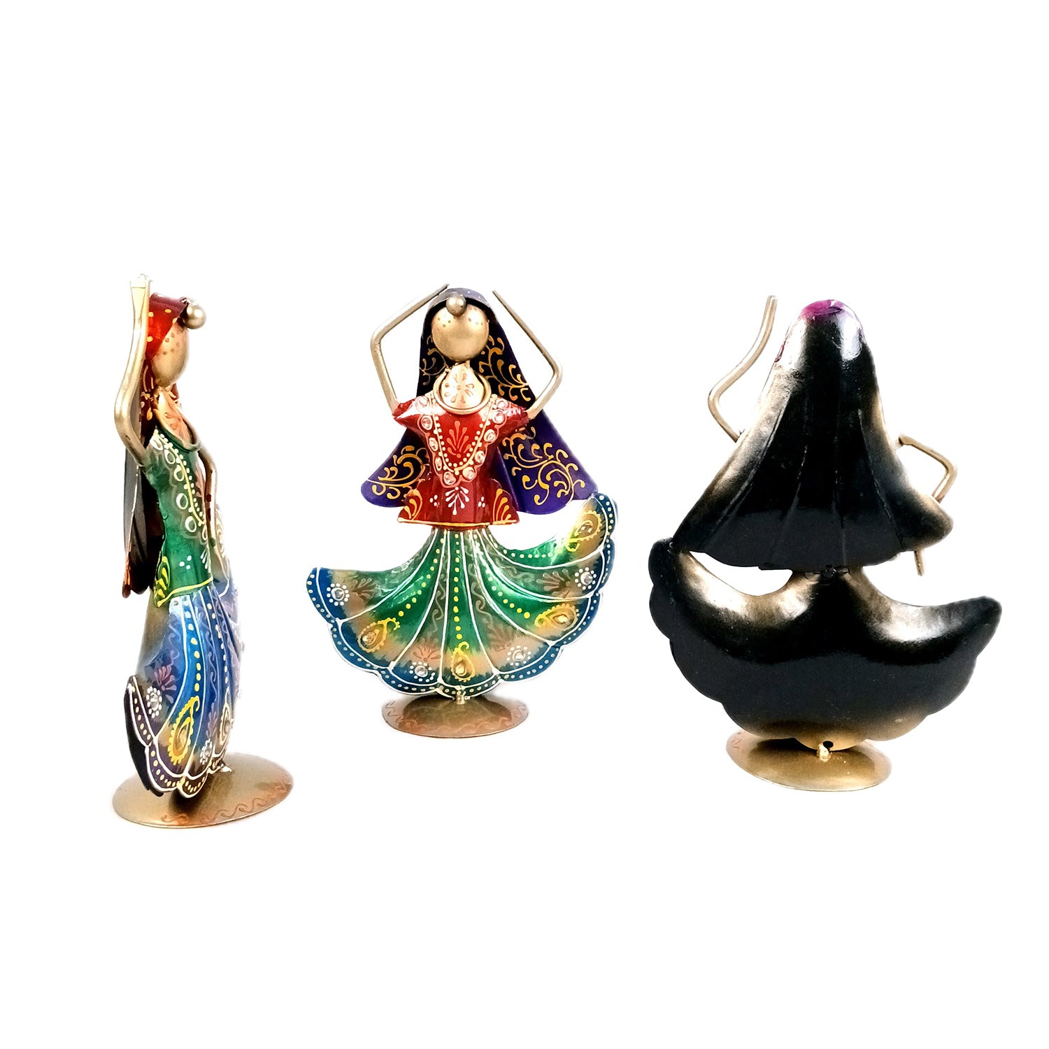 Dancing Lady Figurines Set of 3 | Handcrafted Metal Dolls - for Home, Table Decor, Living room & Gifts - 9 Inch (Pack of 3) - Apkamart #Style_Design 1