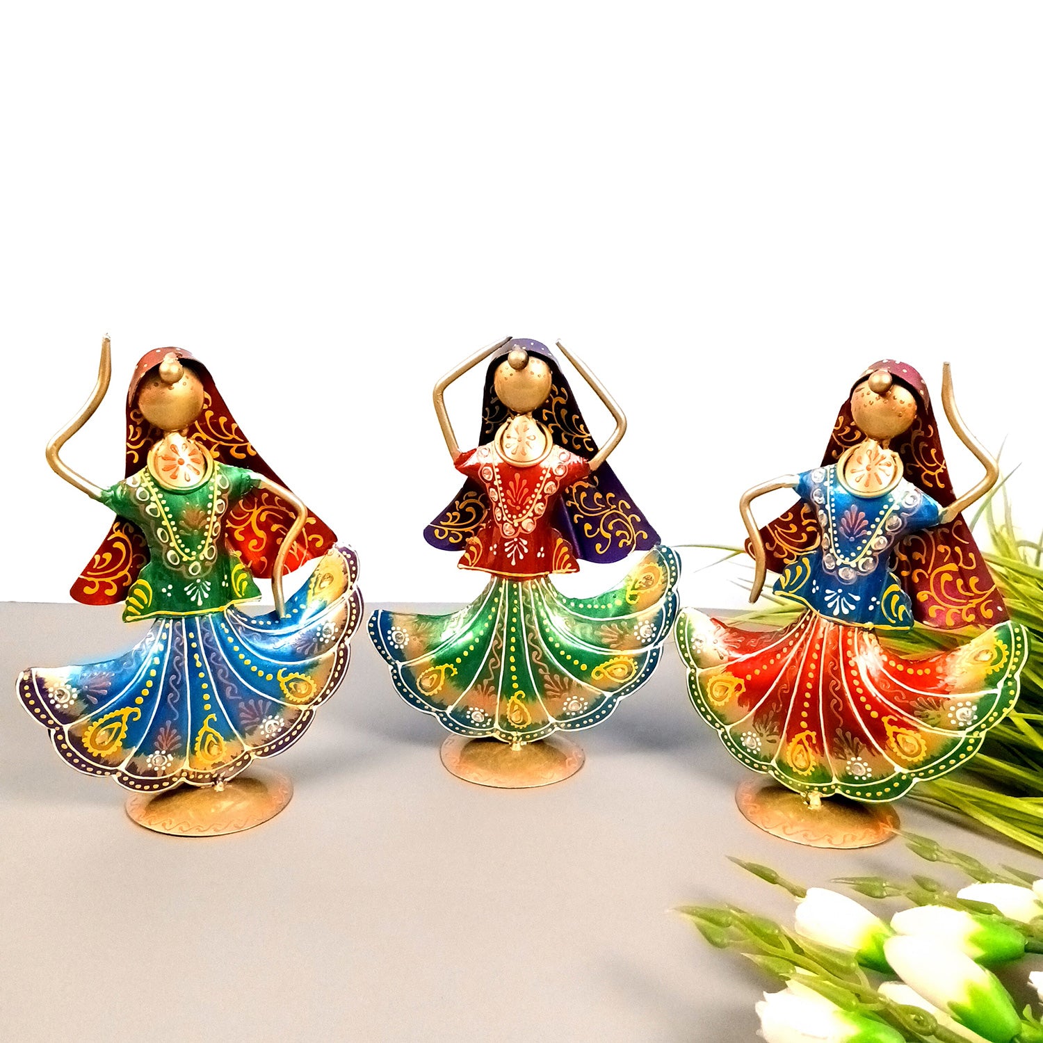 Dancing Lady Figurines Set of 3 | Handcrafted Metal Dolls - for Home, Table Decor, Living room & Gifts - 9 Inch (Pack of 3) - Apkamart #Style_Design 1