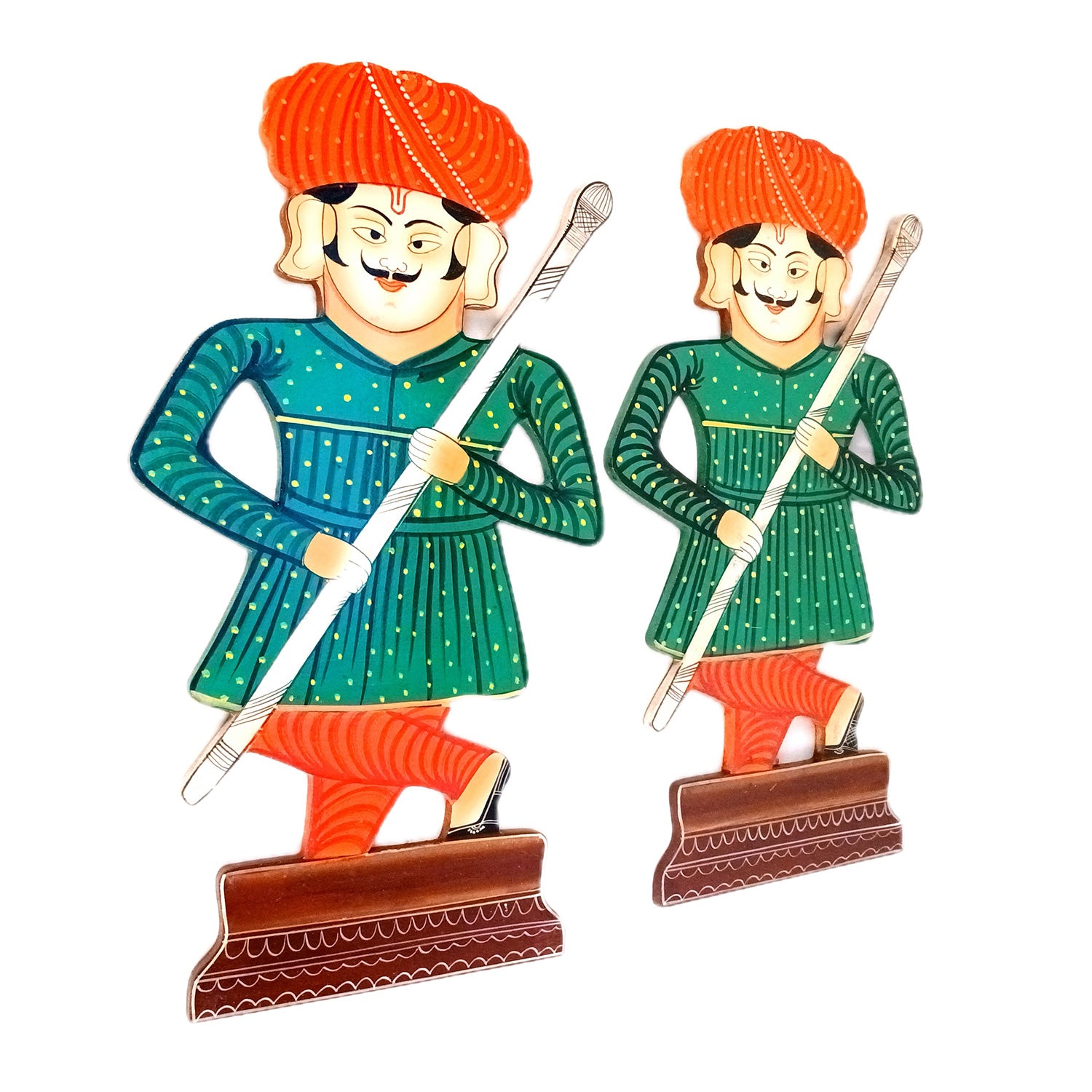 Wooden Darbaan Wall Hanging | Royal Guards Set | Rajasthani Wall Decor - for Home, Living room, Entrance Decor & Gifts - 16 Inch (Wood, Green) - Apkamart