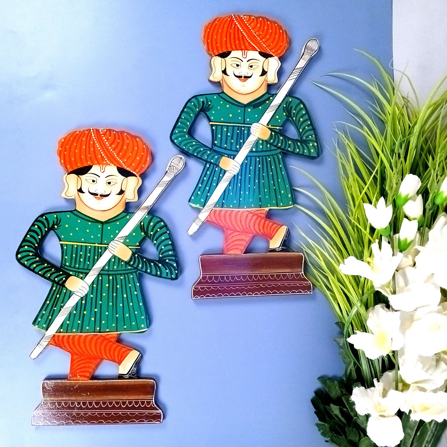 Wooden Darbaan Wall Hanging | Royal Guards Set | Rajasthani Wall Decor - for Home, Living room, Entrance Decor & Gifts - 16 Inch (Wood, Green) - Apkamart