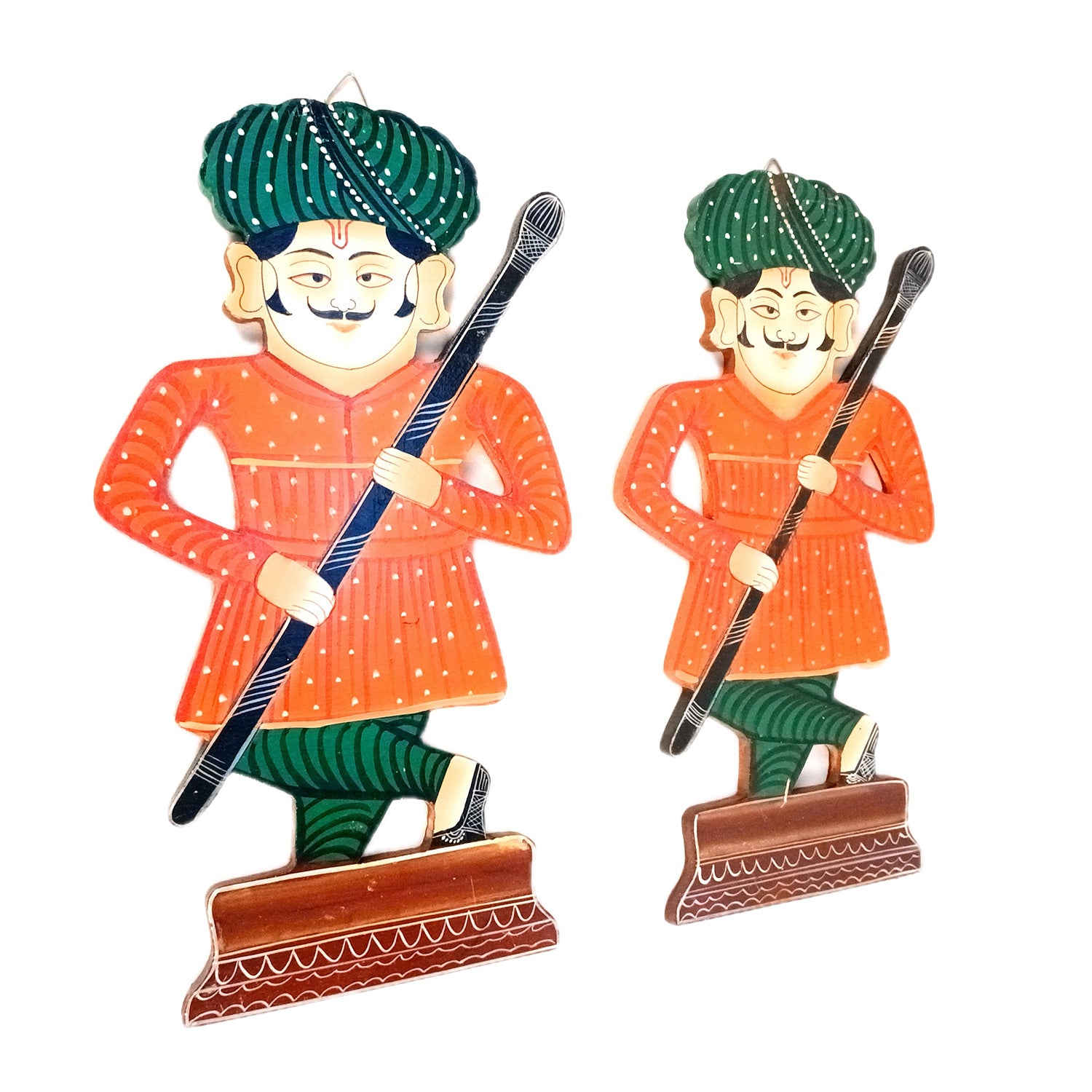 Wooden Darbaan Wall Hanging | Royal Guards Set | Rajasthani Wall Decor - for Home, Living room, Entrance Decor & Gifts - 12 Inch (Wood, Orange)