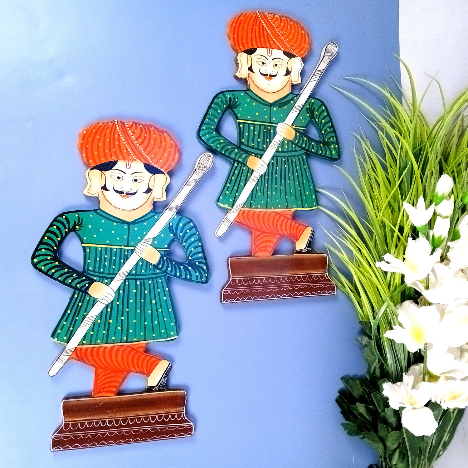 Wooden Darbaan Wall Hanging | Royal Guards Set | Rajasthani Wall Decor - for Home, Living room, Entrance Decor & Gifts - 16 Inch (Wood, Green) - Apkamart