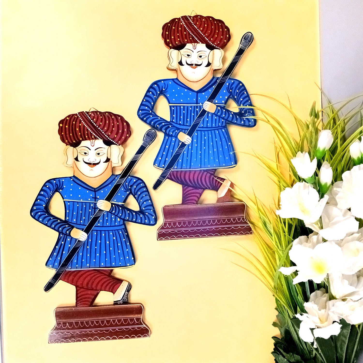 Wooden Darbaan Wall Hanging | Royal Guards Set | Rajasthani Wall Decor - for Home, Living room, Entrance Decor & Gifts - 16 Inch (Wood, Blue) - Apkamart
