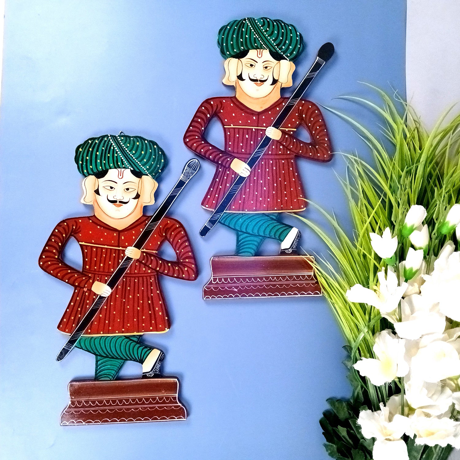 Wooden Darbaan Wall Hanging | Royal Guards Set | Rajasthani Wall Decor - for Home, Living room, Entrance Decor & Gifts - 16 Inch (Wood, Red) - Apkamart