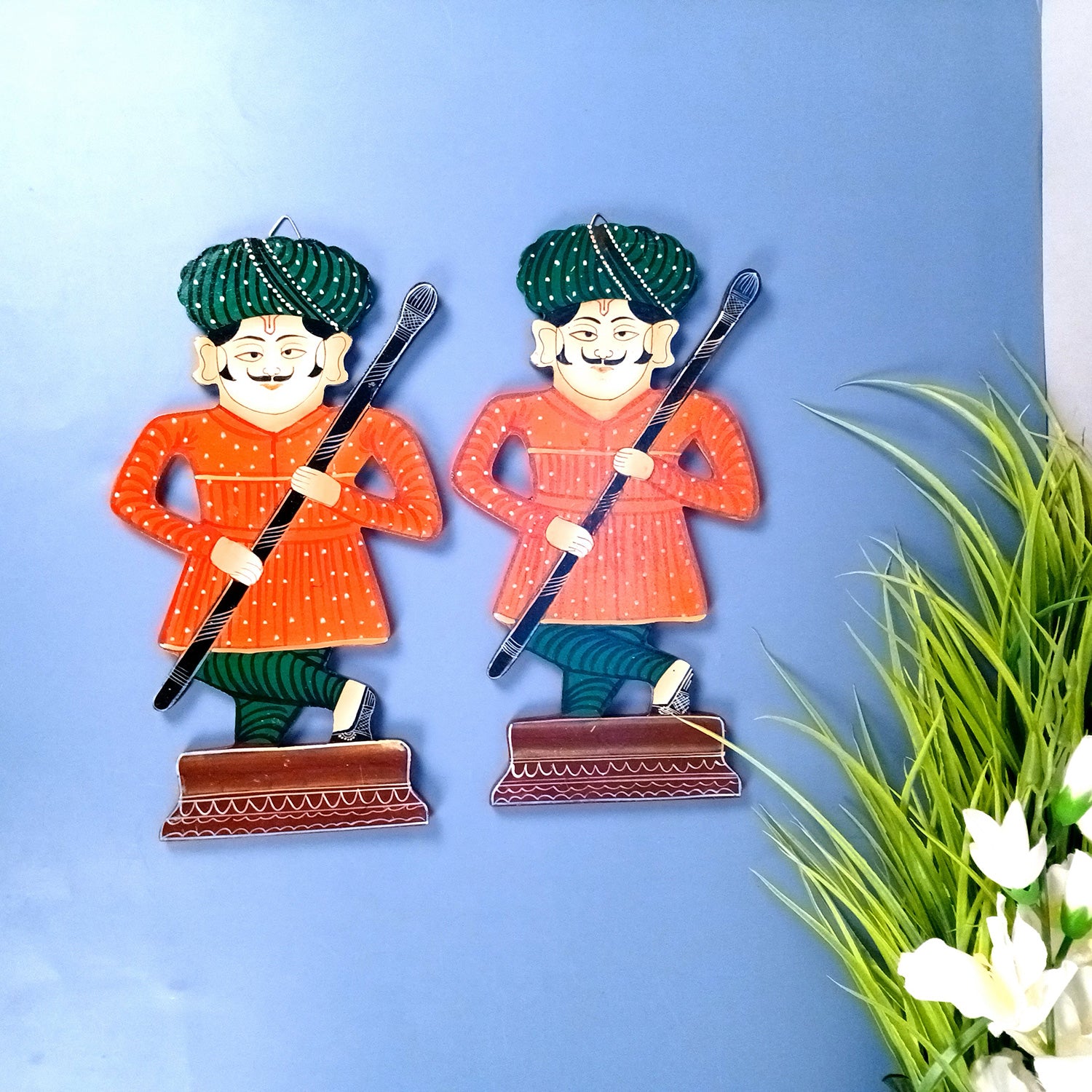 Wooden Darbaan Wall Hanging | Royal Guards Set | Rajasthani Wall Decor - for Home, Living room, Entrance Decor & Gifts - 12 Inch (Wood, Orange)