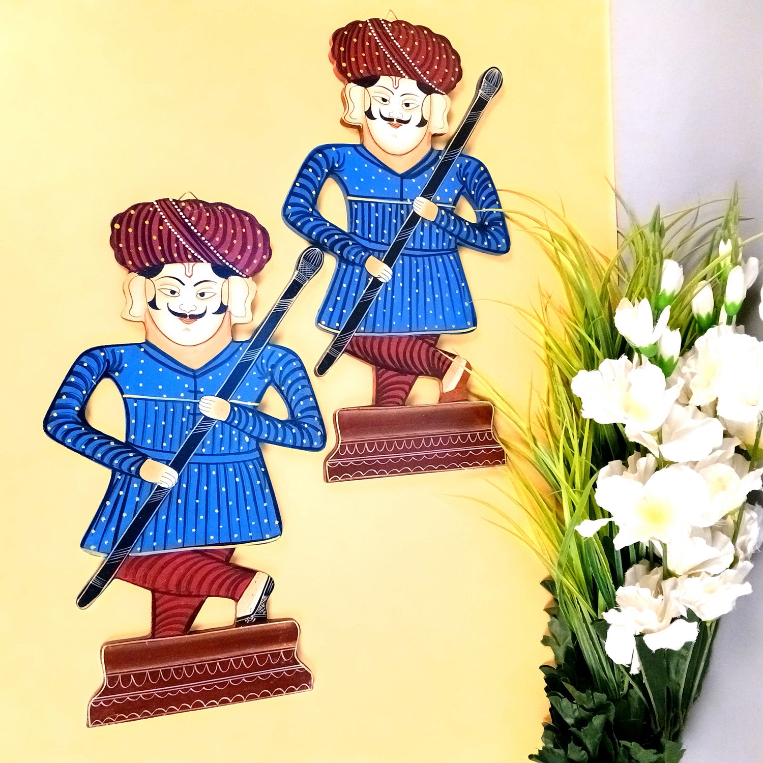 Wooden Darbaan Wall Hanging | Royal Guards Set | Rajasthani Wall Decor - for Home, Living room, Entrance Decor & Gifts - 16 Inch (Wood, Blue) - Apkamart