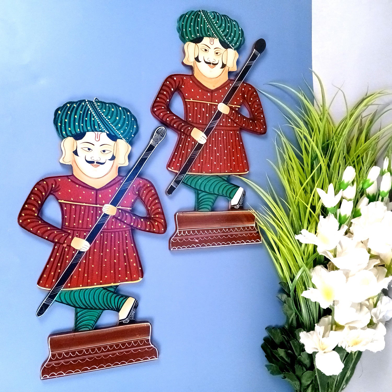 Wooden Darbaan Wall Hanging | Royal Guards Set | Rajasthani Wall Decor - for Home, Living room, Entrance Decor & Gifts - 16 Inch (Wood, Red) - Apkamart