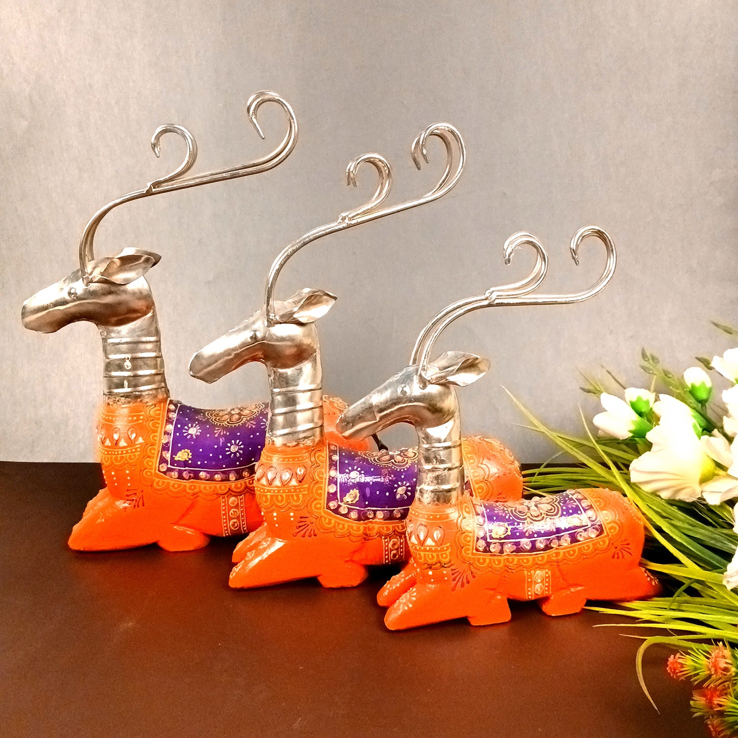 Deer Showpiece Set | Reindeer Statue | Animal Figurines - for Home Decor, Garden, Balcony, Living Room & Gifts - 14 Inch (Pack of 3) - Apkamart #Colour_Orange