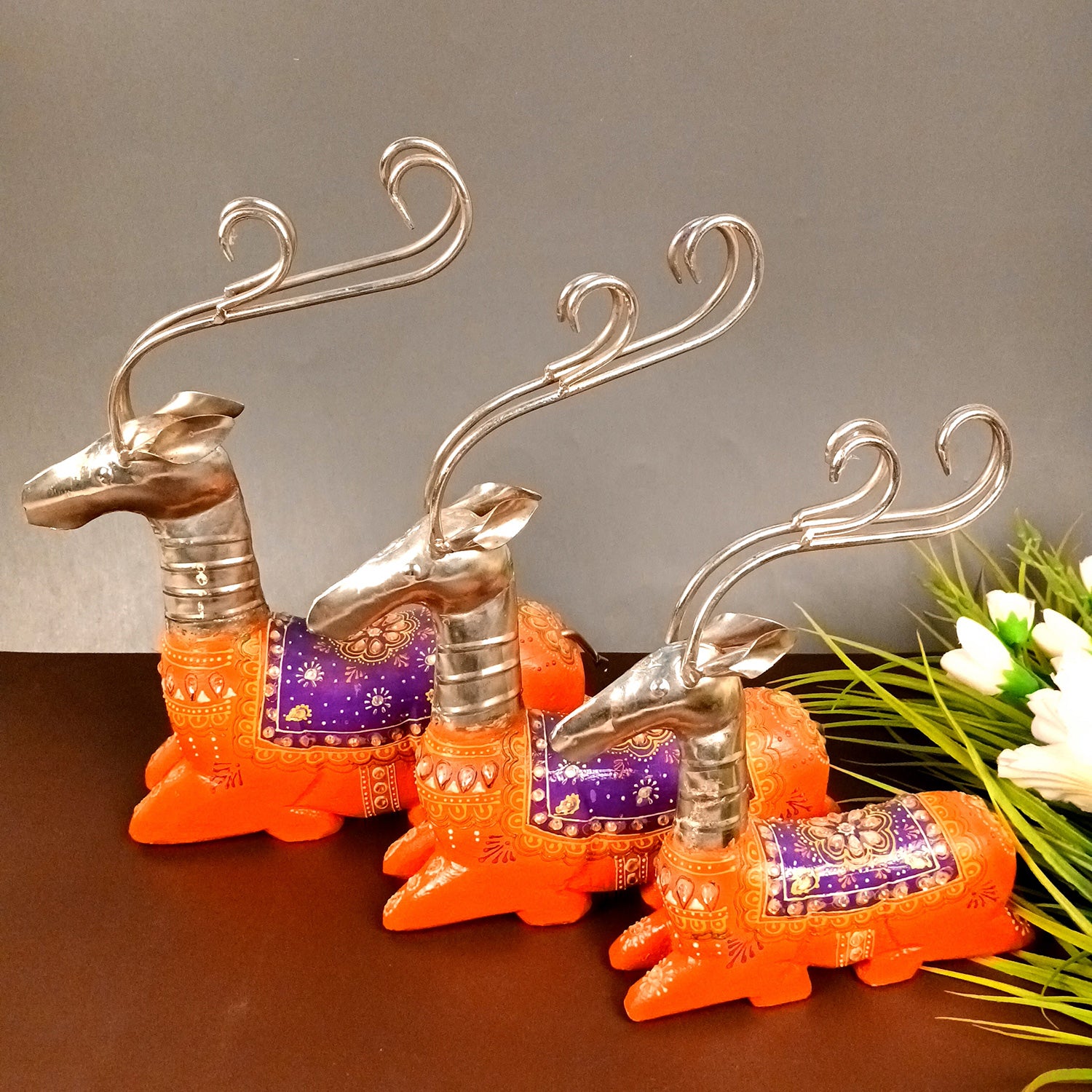 Deer Showpiece Set | Reindeer Statue | Animal Figurines - for Home Decor, Garden, Balcony, Living Room & Gifts - 14 Inch (Pack of 3) - Apkamart #Colour_Orange