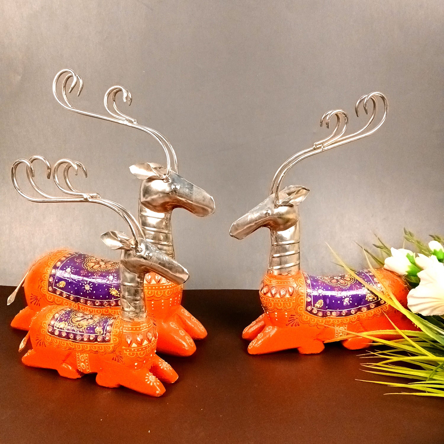 Deer Showpiece Set | Reindeer Statue | Animal Figurines - for Home Decor, Garden, Balcony, Living Room & Gifts - 14 Inch (Pack of 3) - Apkamart #Colour_Orange