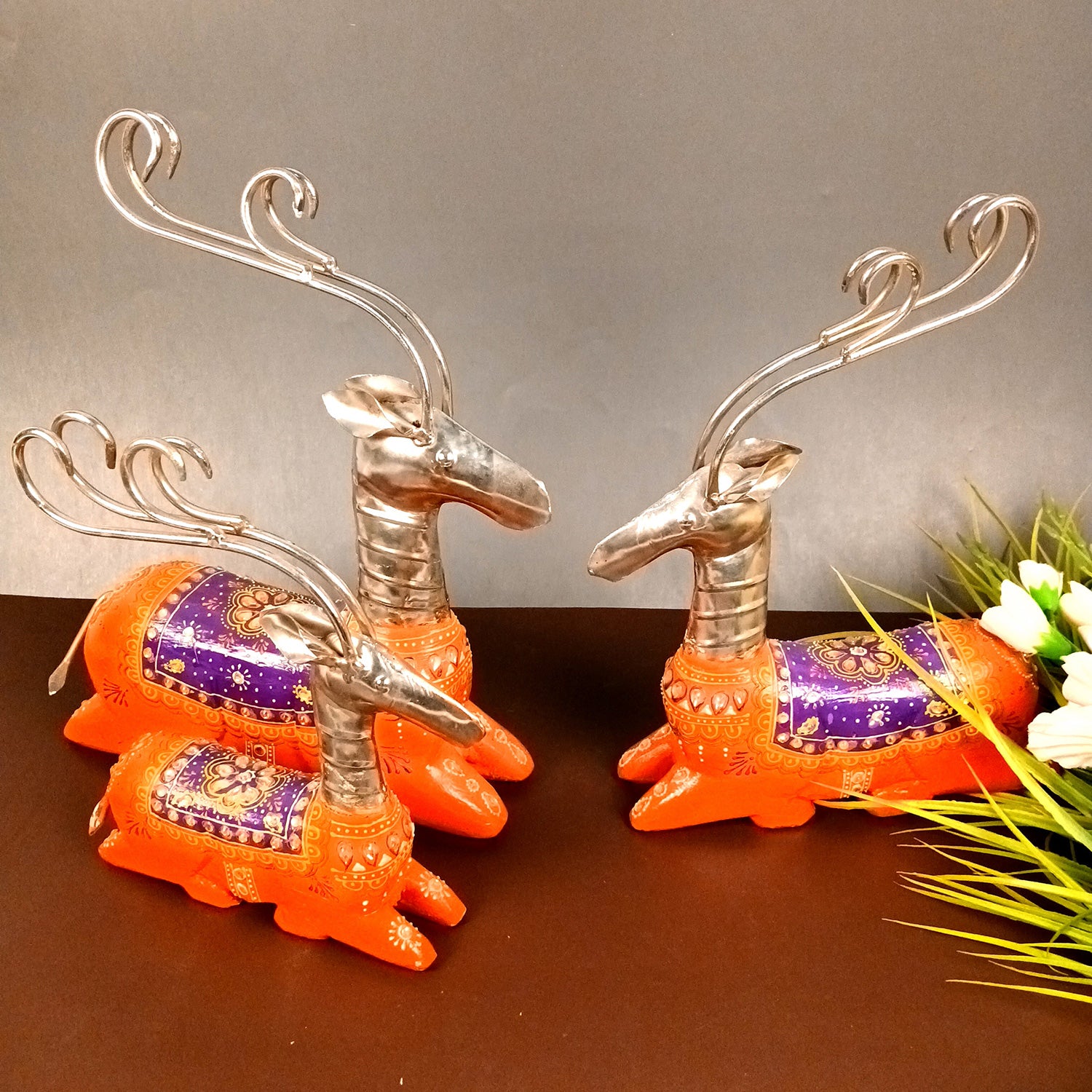 Deer Showpiece Set | Reindeer Statue | Animal Figurines - for Home Decor, Garden, Balcony, Living Room & Gifts - 14 Inch (Pack of 3) - Apkamart #Colour_Orange