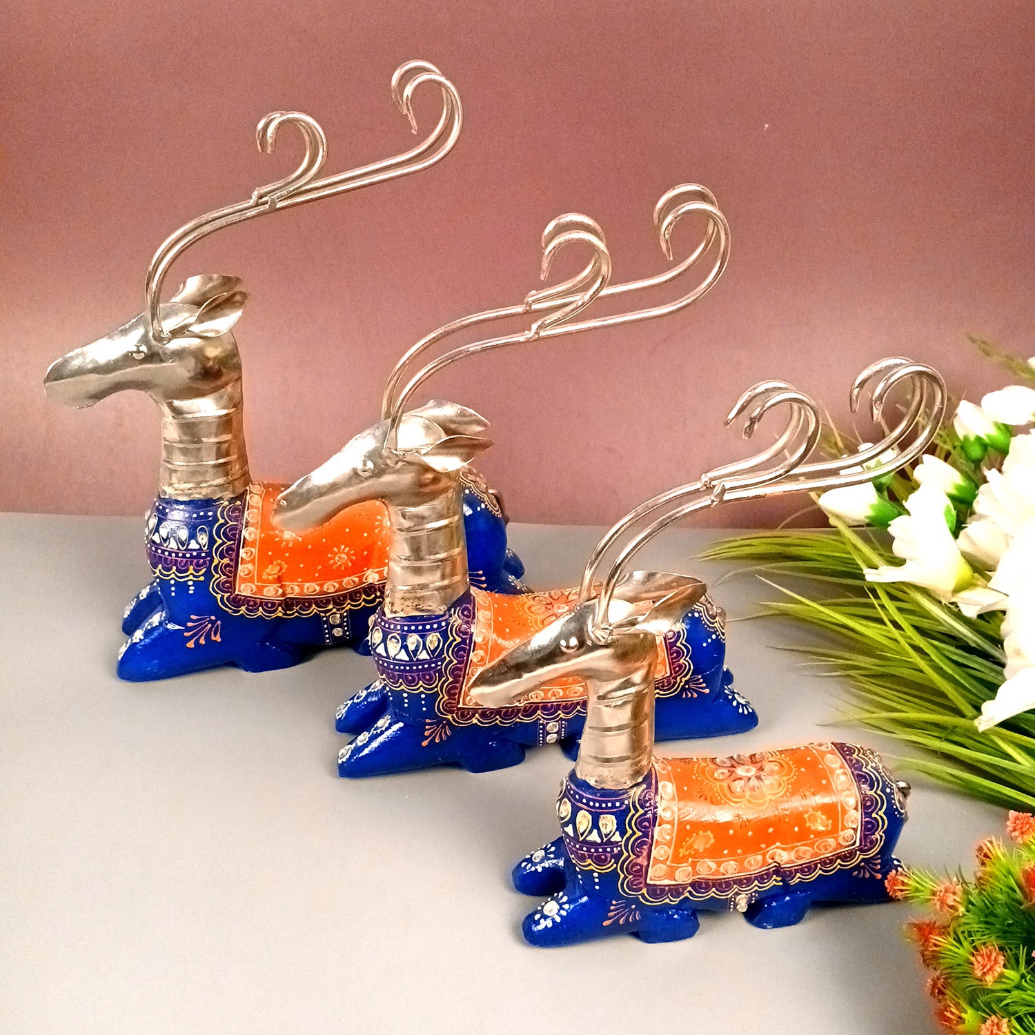 Deer Showpiece Set | Reindeer Statue | Animal Figurines - for Home Decor, Garden, Balcony, Living Room & Gifts - 14 Inch (Pack of 3) - Apkamart #Colour_Blue