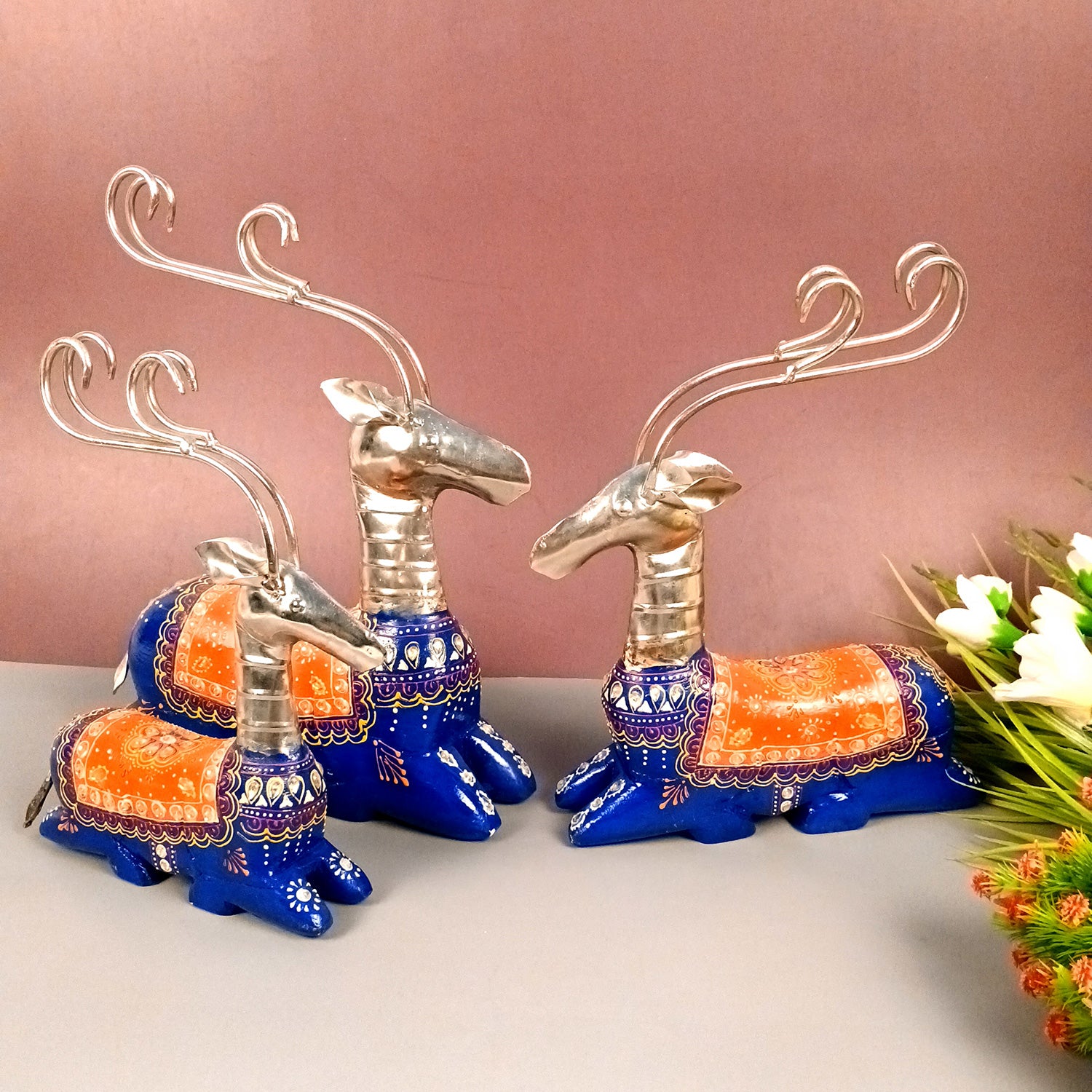Deer Showpiece Set | Reindeer Statue | Animal Figurines - for Home Decor, Garden, Balcony, Living Room & Gifts - 14 Inch (Pack of 3) - Apkamart #Colour_Blue
