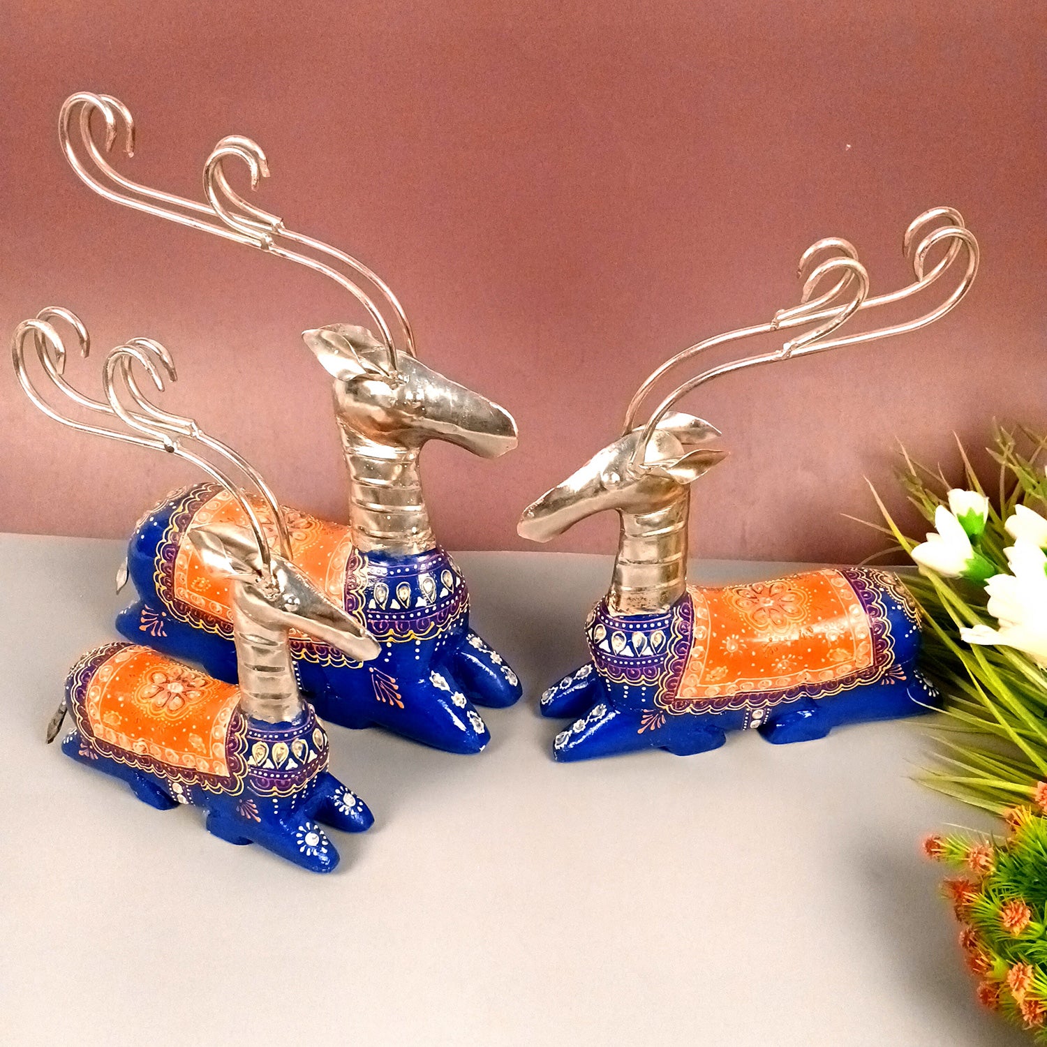 Deer Showpiece Set | Reindeer Statue | Animal Figurines - for Home Decor, Garden, Balcony, Living Room & Gifts - 14 Inch (Pack of 3) - Apkamart #Colour_Blue