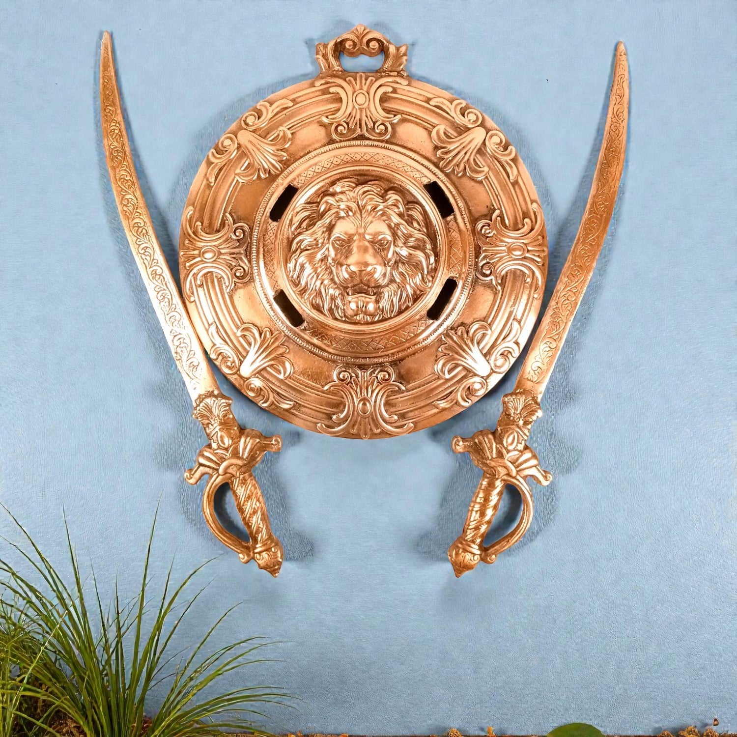 Lion Face Design Dhal Talwar Wall Hanging | Decorative Alloy Sword & Shield Wall Art | Traditional Warrior Showpiece for Home, Living Room, Office & Mandir Decor - 17 Inch - Apkamart