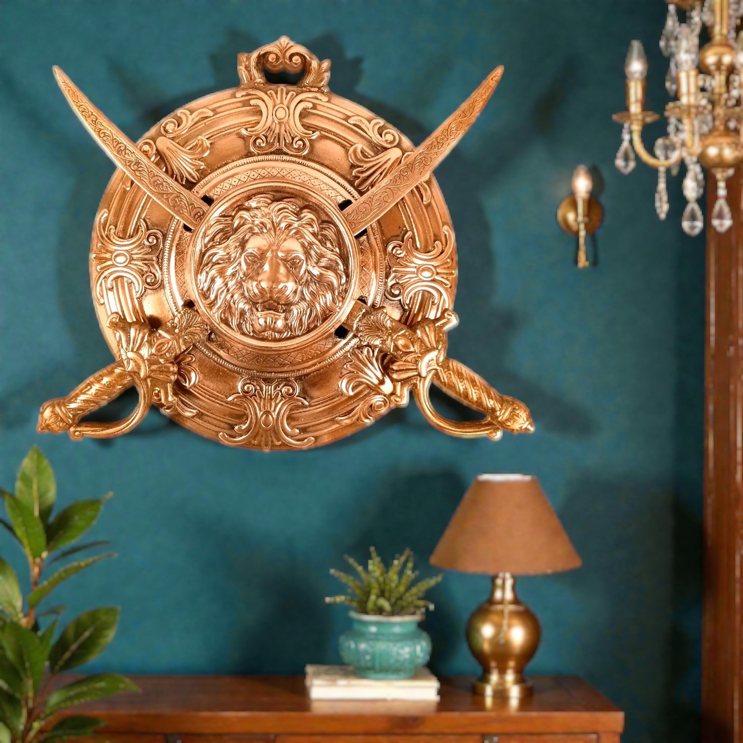 Lion Face Design Dhal Talwar Wall Hanging | Decorative Alloy Sword & Shield Wall Art | Traditional Warrior Showpiece for Home, Living Room, Office & Mandir Decor - 17 Inch - Apkamart