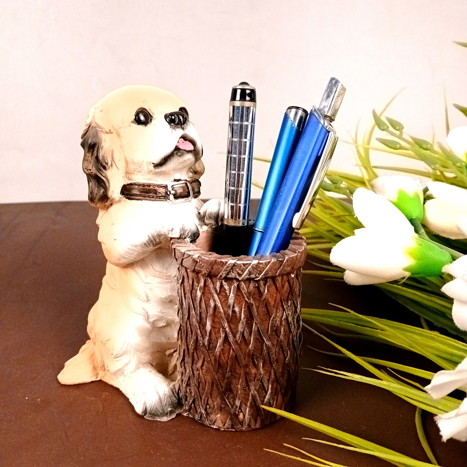 Cute Dog Decorative Pen Pencil Holder / Cutlery Stand | Dog Holding Basket Showpiece - for Kids Study Table, office Desk, Home Decor & Gifts - 6 Inch - Apkamart #Style_Design 4