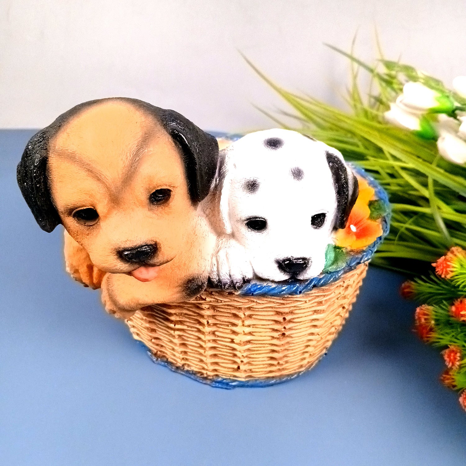 Dog Showpiece Statue - Sitting in Basket Design | Multipurpose Basket | Cute Puppy Figurine - for Entrance, Living Room, Kitchen Decor, House Warming Gifts - 9 Inch - Apkamart