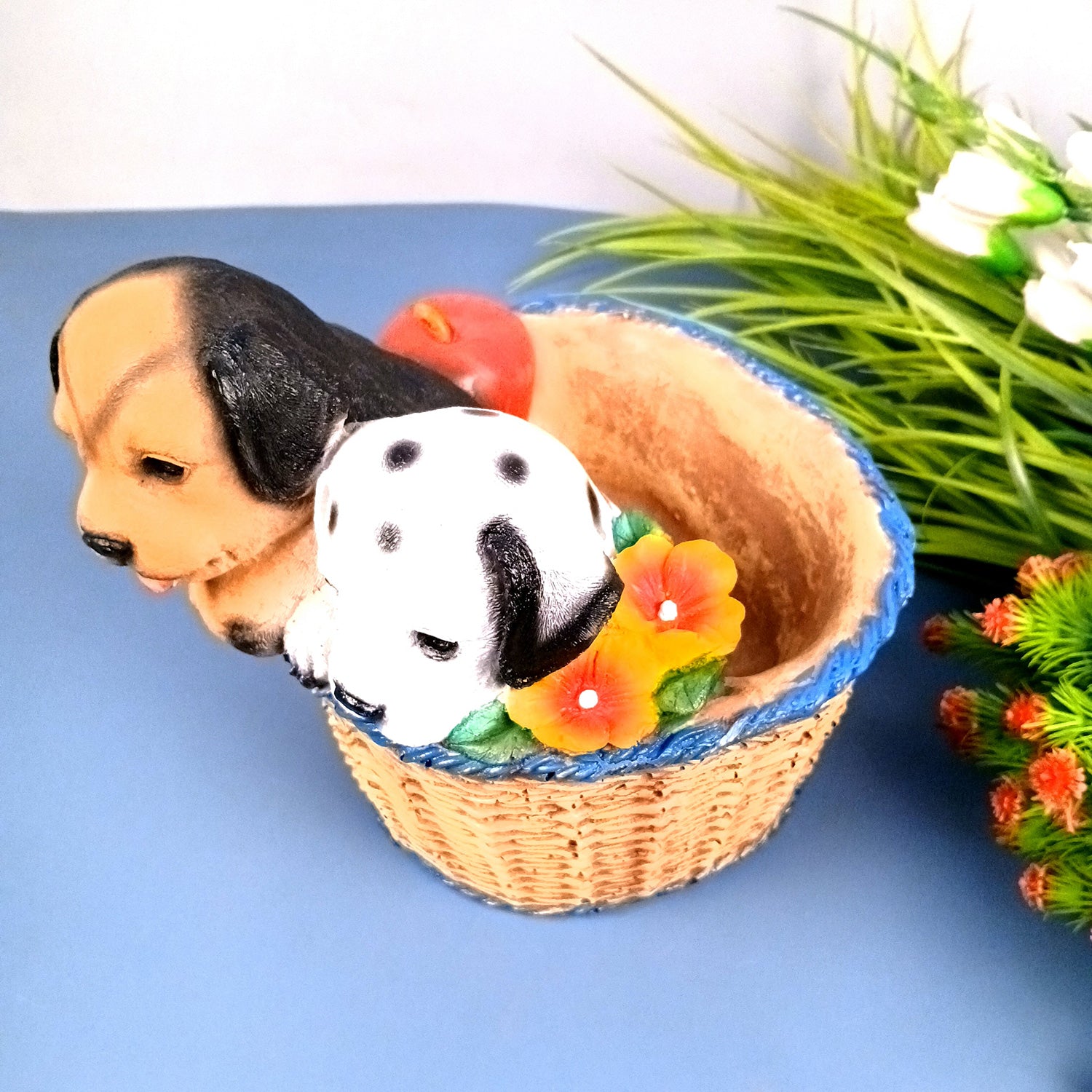 Dog Showpiece Statue - Sitting in Basket Design | Multipurpose Basket | Cute Puppy Figurine - for Entrance, Living Room, Kitchen Decor, House Warming Gifts - 9 Inch - Apkamart