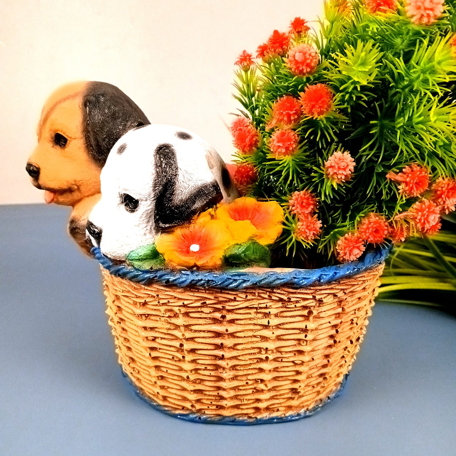 Dog Showpiece Statue - Sitting in Basket Design | Multipurpose Basket | Cute Puppy Figurine - for Entrance, Living Room, Kitchen Decor, House Warming Gifts - 9 Inch - Apkamart