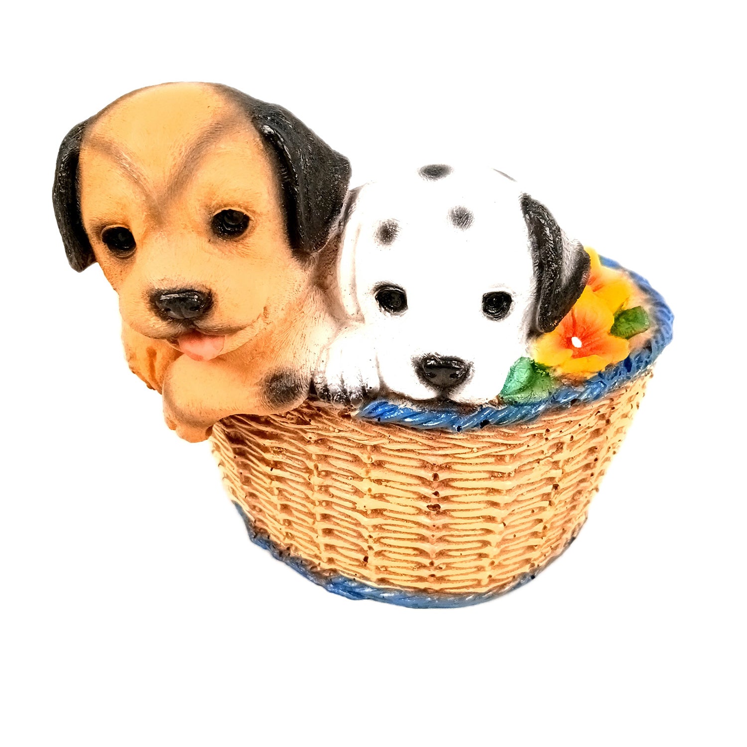 Dog Showpiece Statue - Sitting in Basket Design | Multipurpose Basket | Cute Puppy Figurine - for Entrance, Living Room, Kitchen Decor, House Warming Gifts - 9 Inch - Apkamart