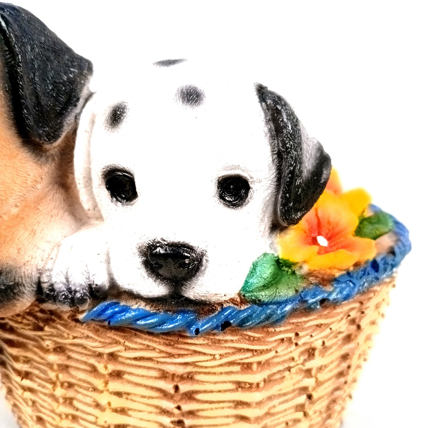 Dog Showpiece Statue - Sitting in Basket Design | Multipurpose Basket | Cute Puppy Figurine - for Entrance, Living Room, Kitchen Decor, House Warming Gifts - 9 Inch - Apkamart