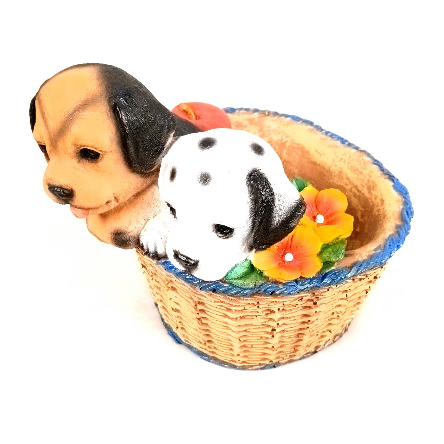 Dog Showpiece Statue - Sitting in Basket Design | Multipurpose Basket | Cute Puppy Figurine - for Entrance, Living Room, Kitchen Decor, House Warming Gifts - 9 Inch - Apkamart
