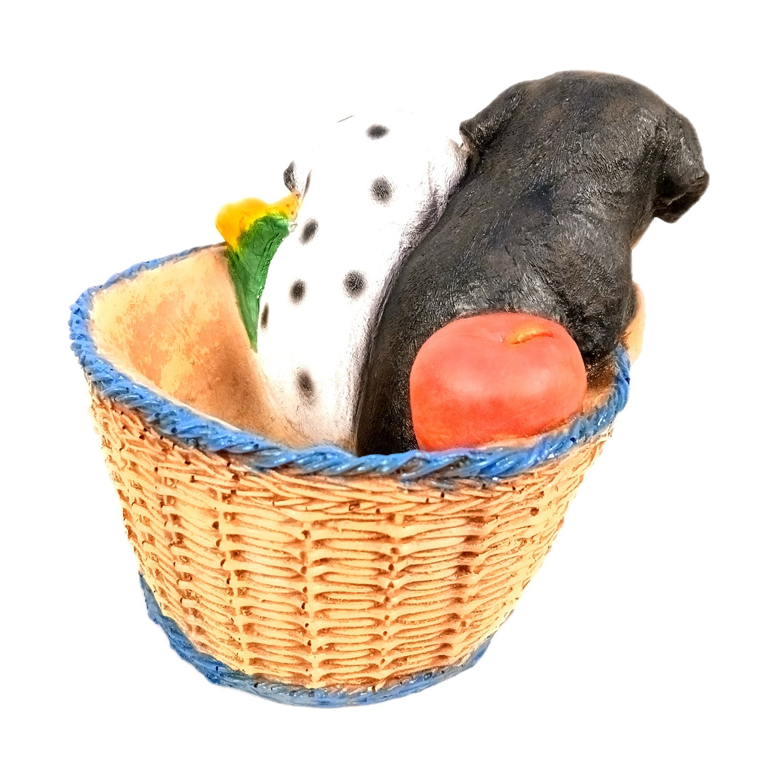 Dog Showpiece Statue - Sitting in Basket Design | Multipurpose Basket | Cute Puppy Figurine - for Entrance, Living Room, Kitchen Decor, House Warming Gifts - 9 Inch - Apkamart
